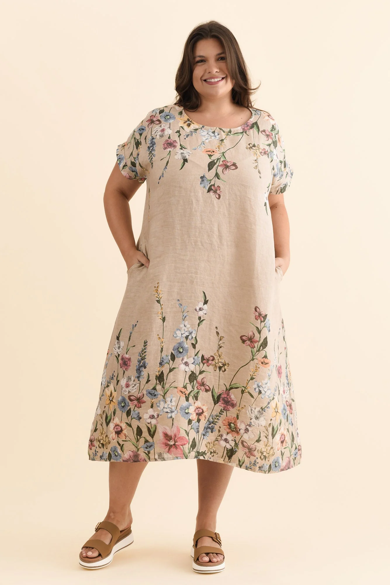 Morrison Beige Floral Linen Pocket Dress - Image 8