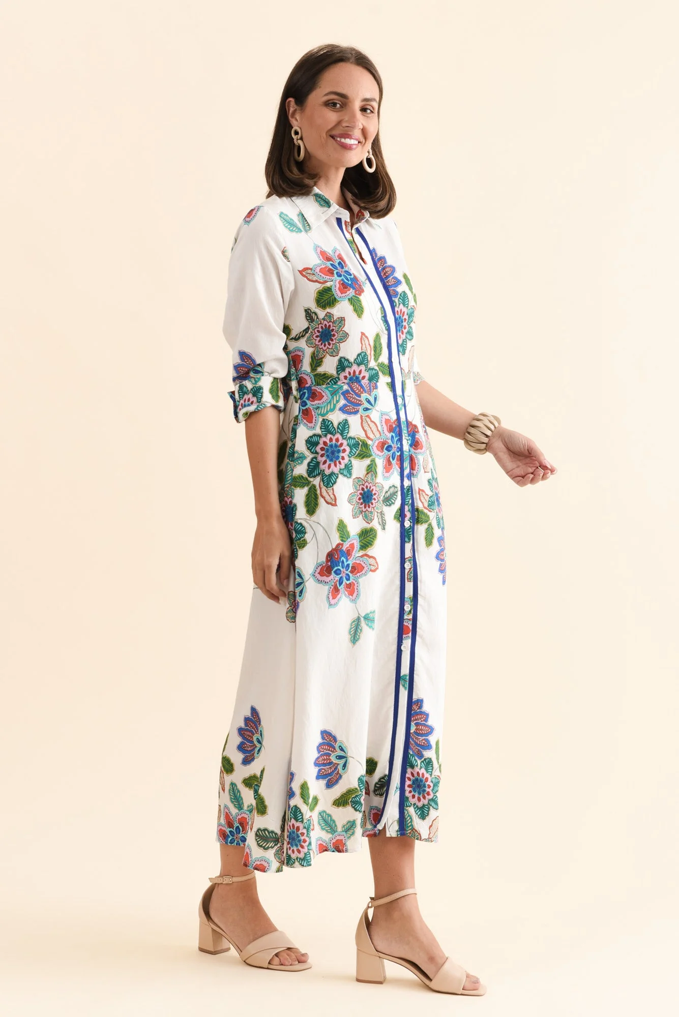 Myka White Floral Linen Cotton Shirt Dress - Image 3
