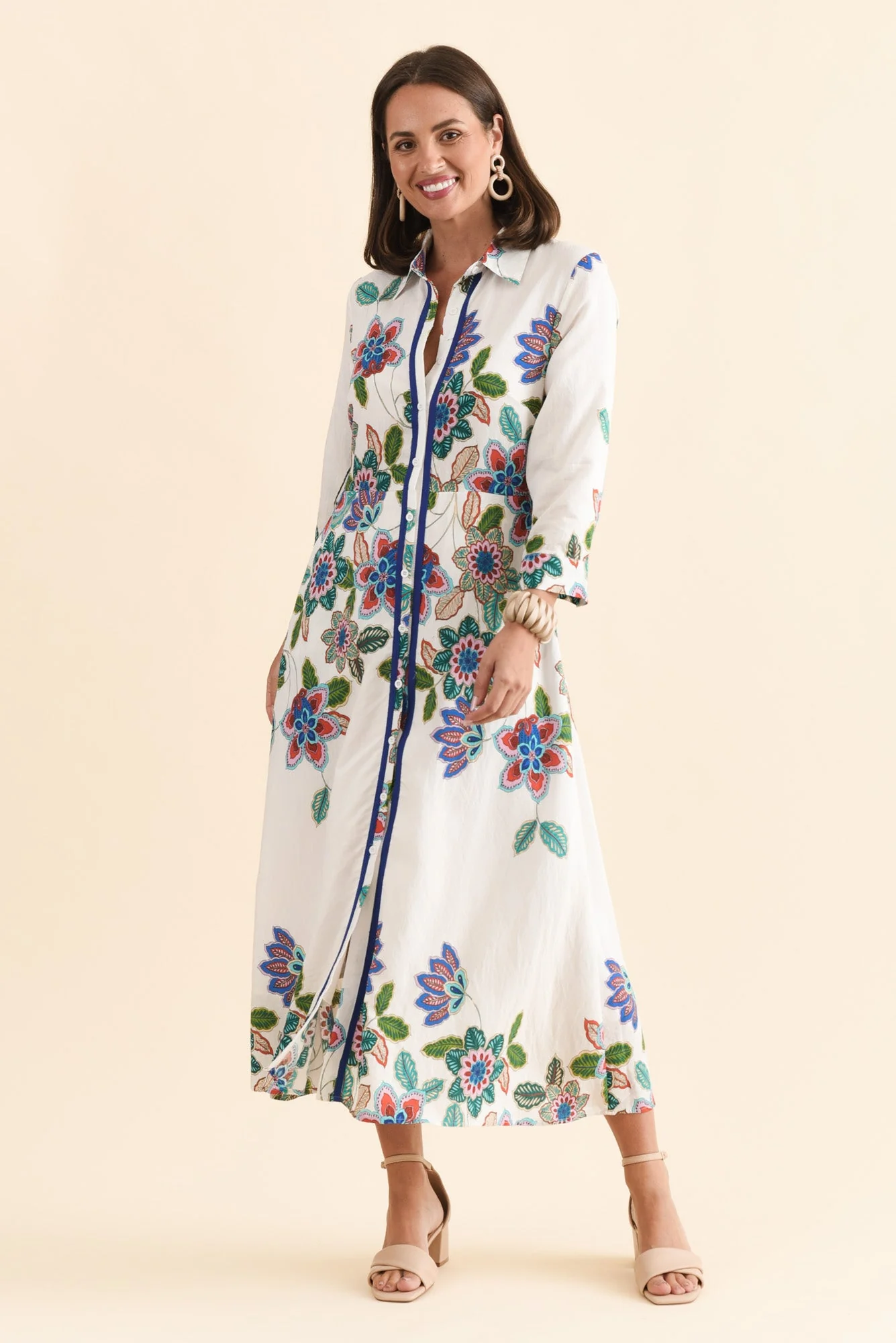 Myka White Floral Linen Cotton Shirt Dress - Image 6