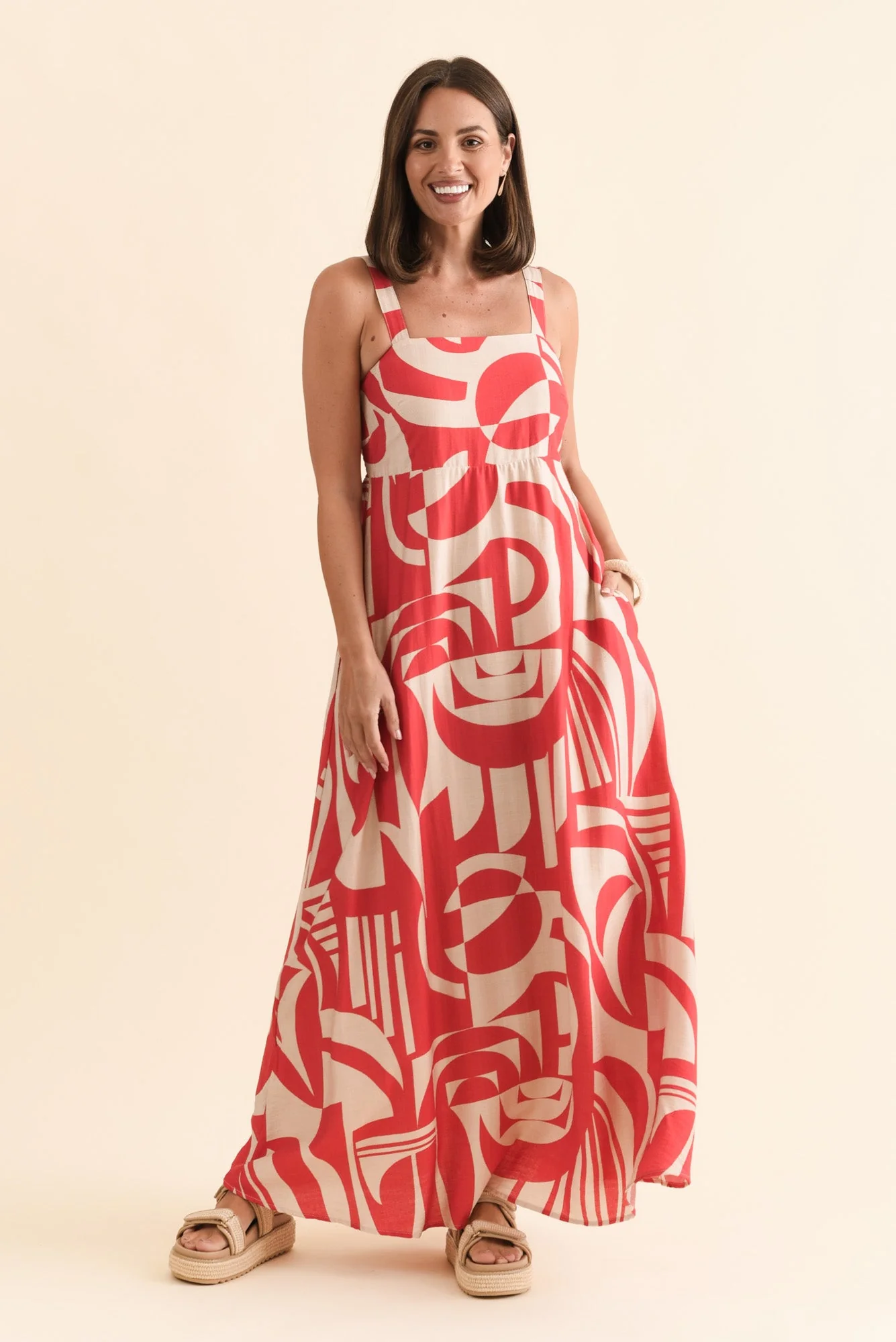 Mykonos Red Abstract Linen Cotton Dress - Image 2