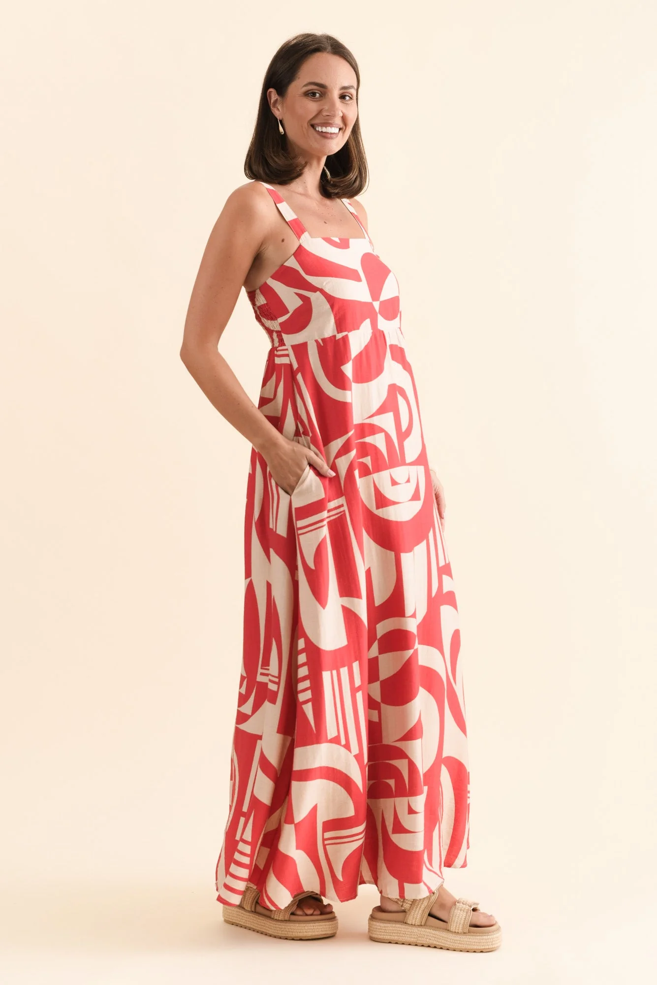 Mykonos Red Abstract Linen Cotton Dress - Image 3