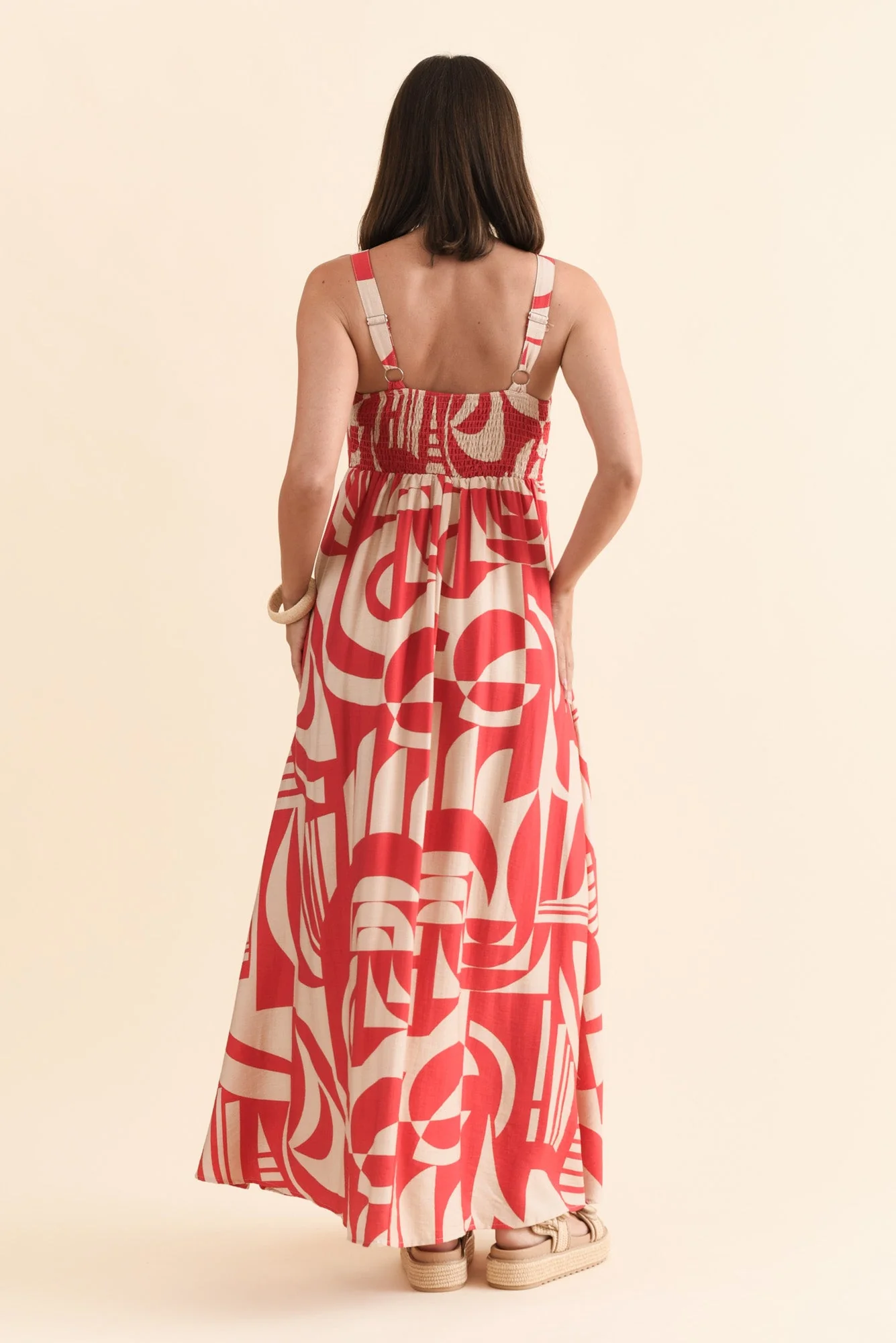 Mykonos Red Abstract Linen Cotton Dress - Image 4