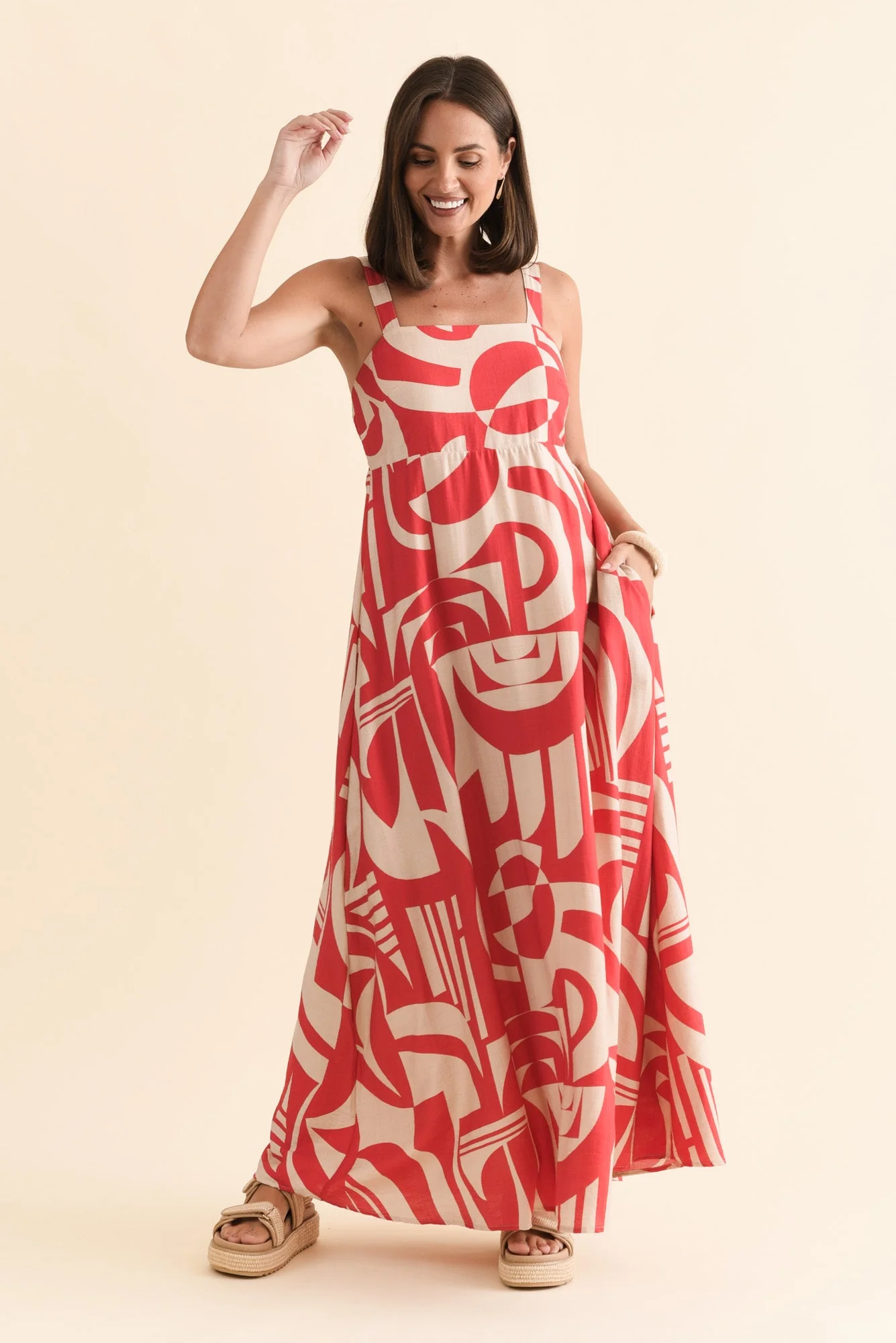 Mykonos Red Abstract Linen Cotton Dress - Image 6