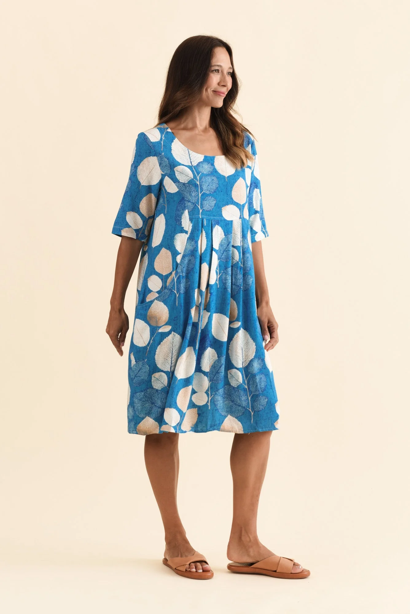 Myley Blue Leaf Linen Cotton Dress - Image 4