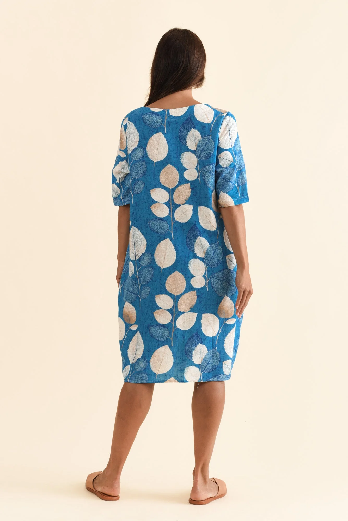 Myley Blue Leaf Linen Cotton Dress - Image 5