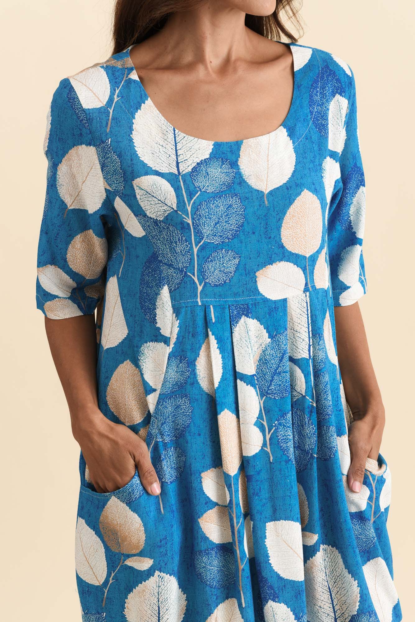 Myley Blue Leaf Linen Cotton Dress - Image 6