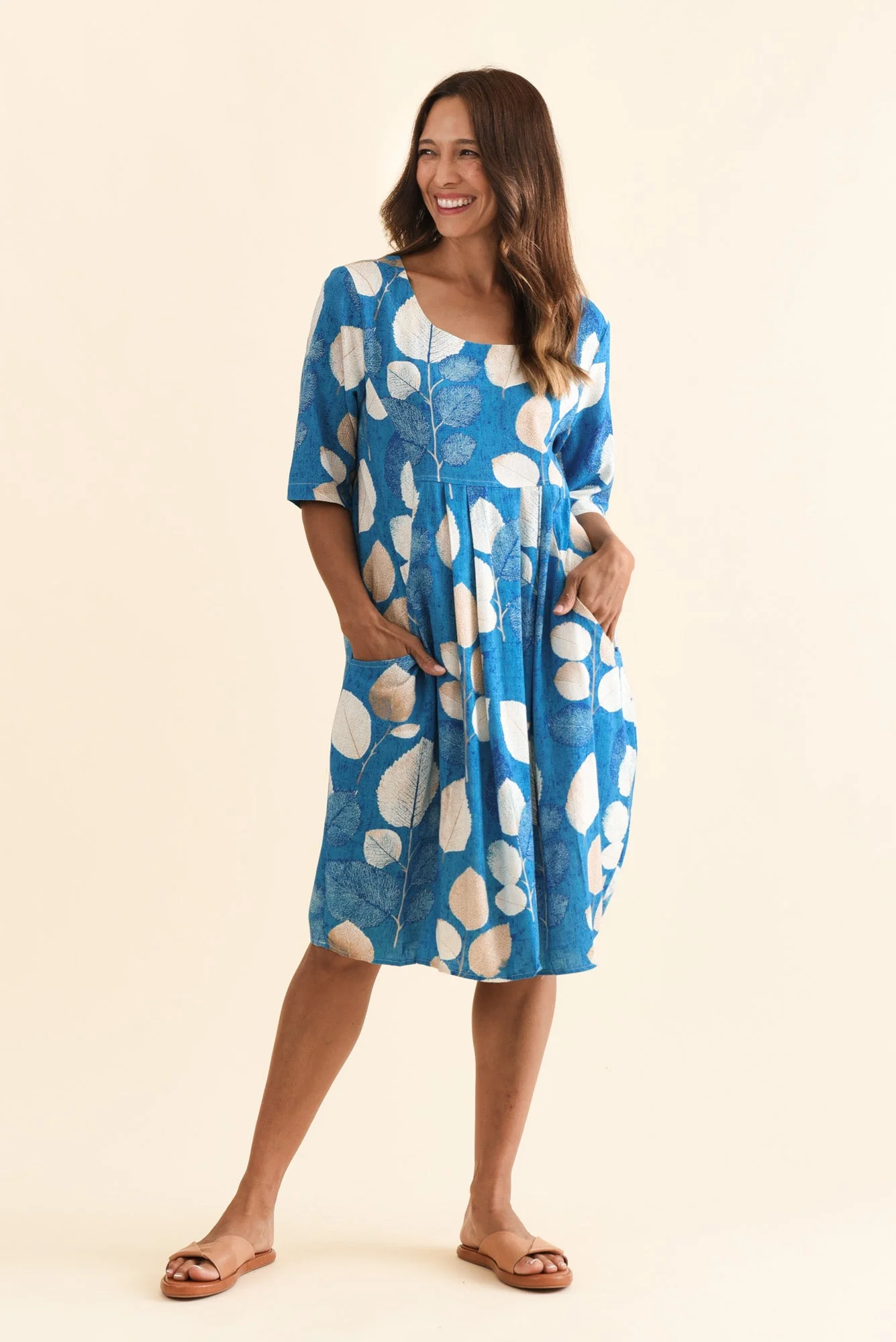 Myley Blue Leaf Linen Cotton Dress - Image 7