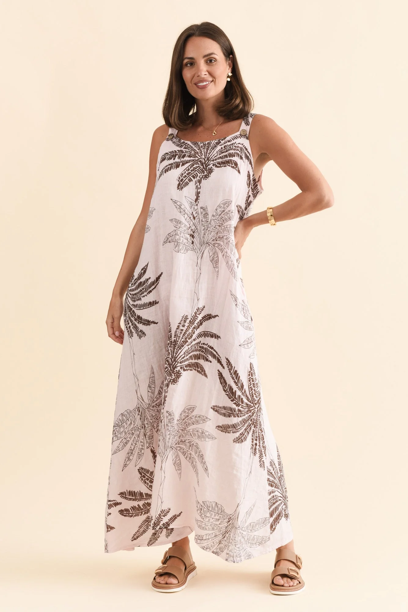 Nadia Pink Palm Linen Maxi Dress - Image 2