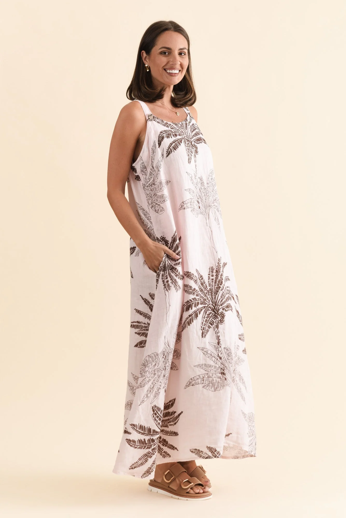 Nadia Pink Palm Linen Maxi Dress - Image 3