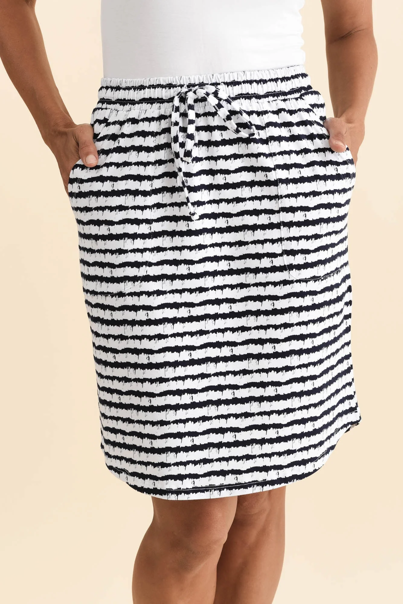 Navy Abstract Stripe Cotton Drawstring Skirt - Image 5