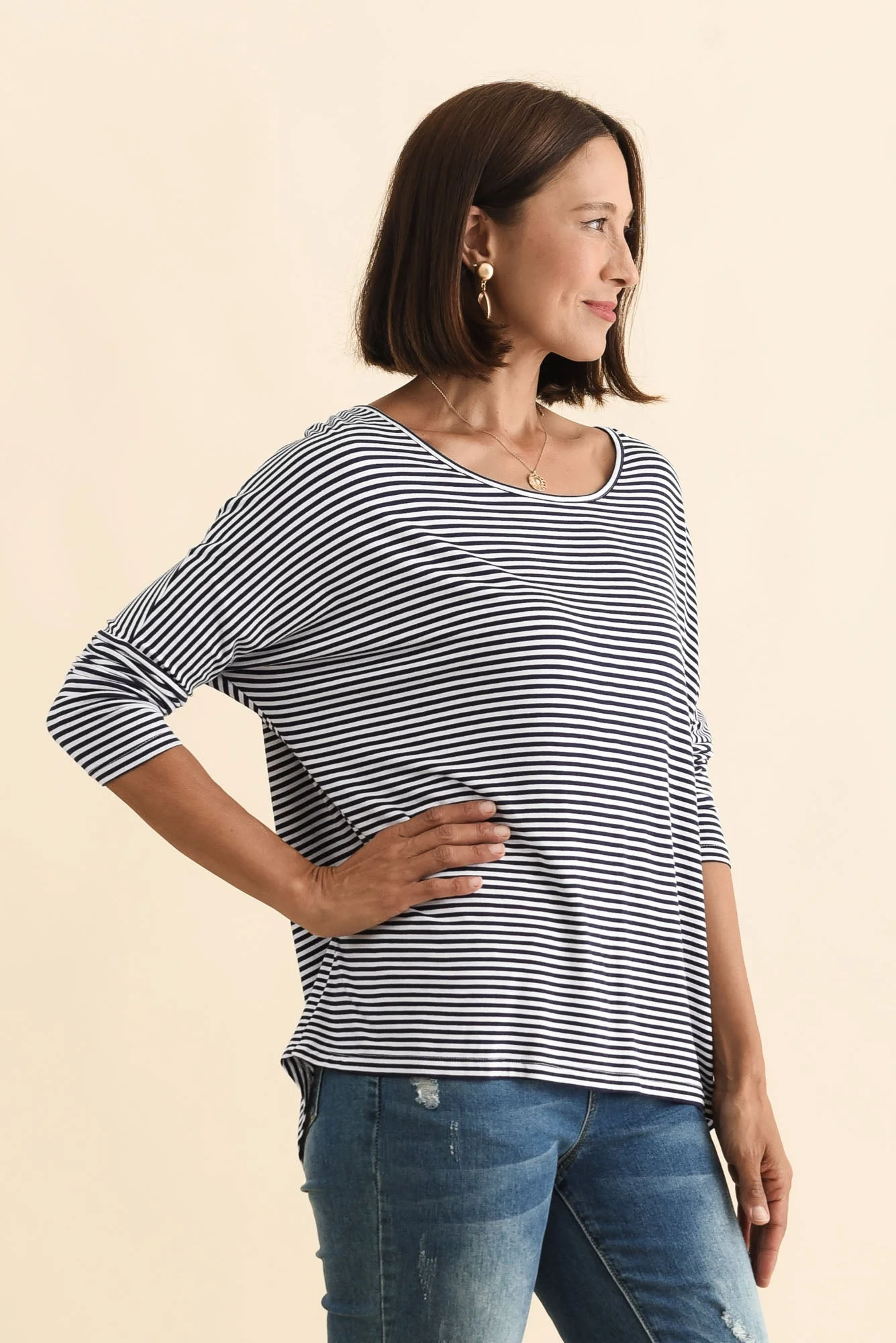 Navy and White Stripe Milan 3/4 Sleeve Top - Image 4