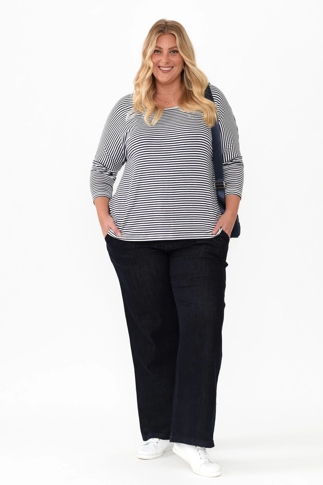 Navy and White Stripe Milan 3/4 Sleeve Top - Image 9