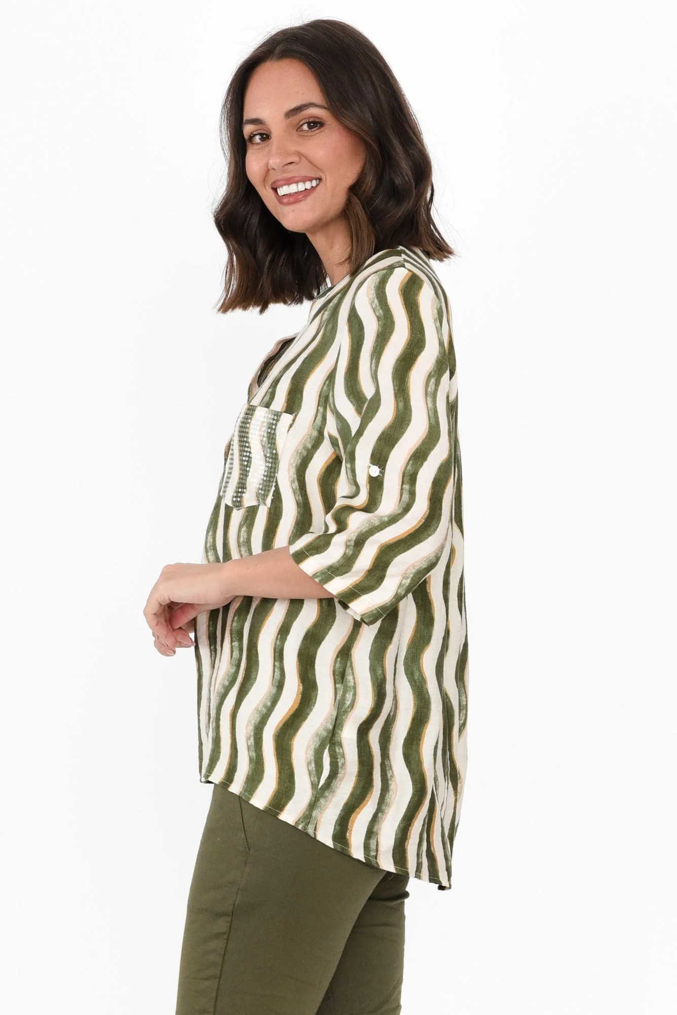 Neiman Khaki Swirl Pocket Blouse - Image 3