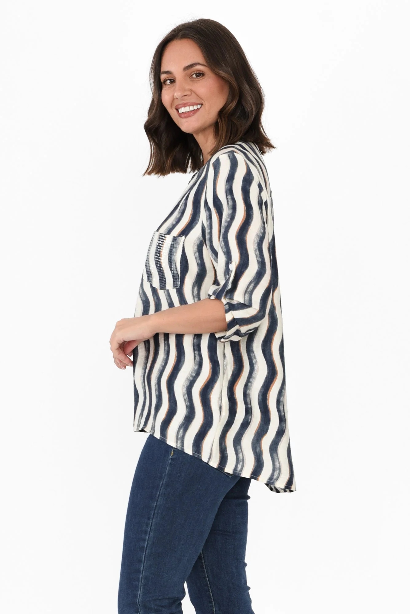 Neiman Navy Swirl Pocket Blouse - Image 3