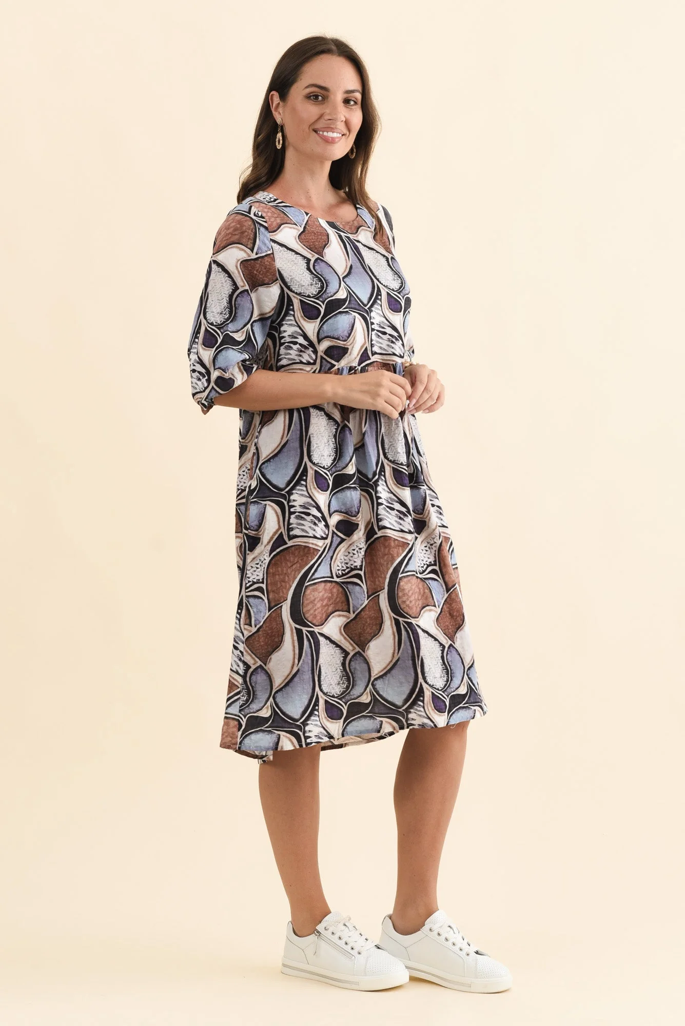Nicolette Blue Abstract Cotton Blend Sleeved Dress - Image 3