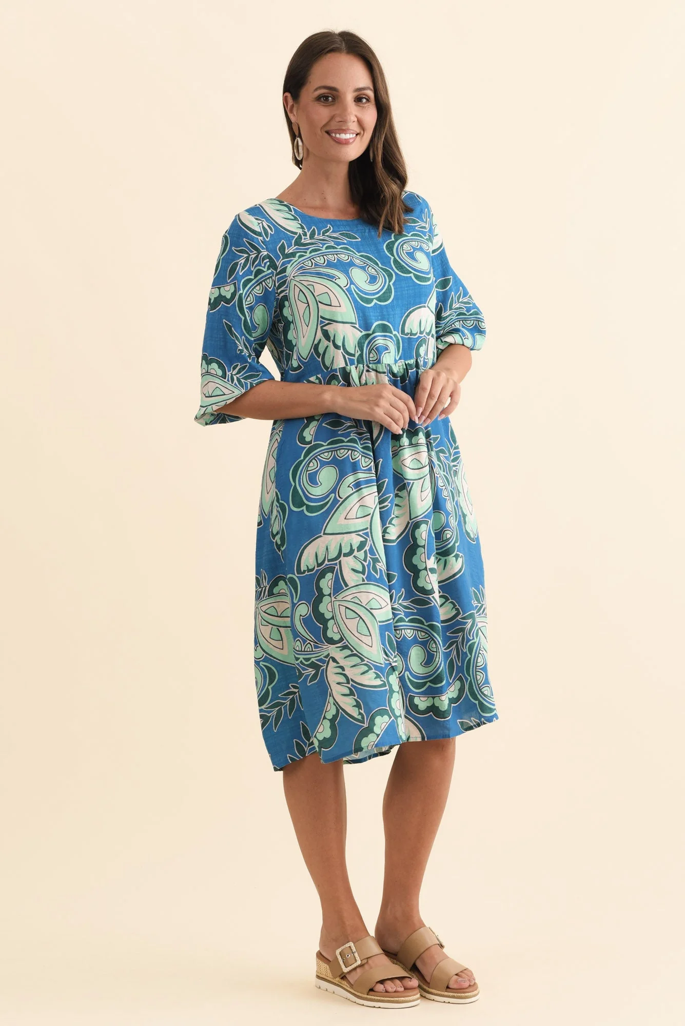 Nicolette Blue Paisley Cotton Blend Sleeved Dress - Image 3