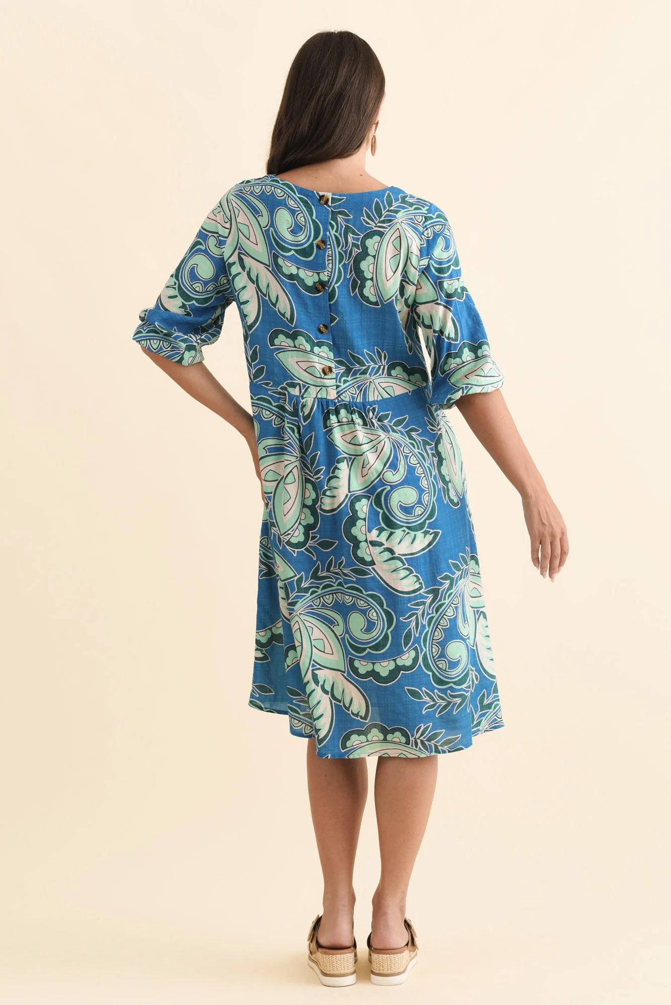 Nicolette Blue Paisley Cotton Blend Sleeved Dress - Image 4