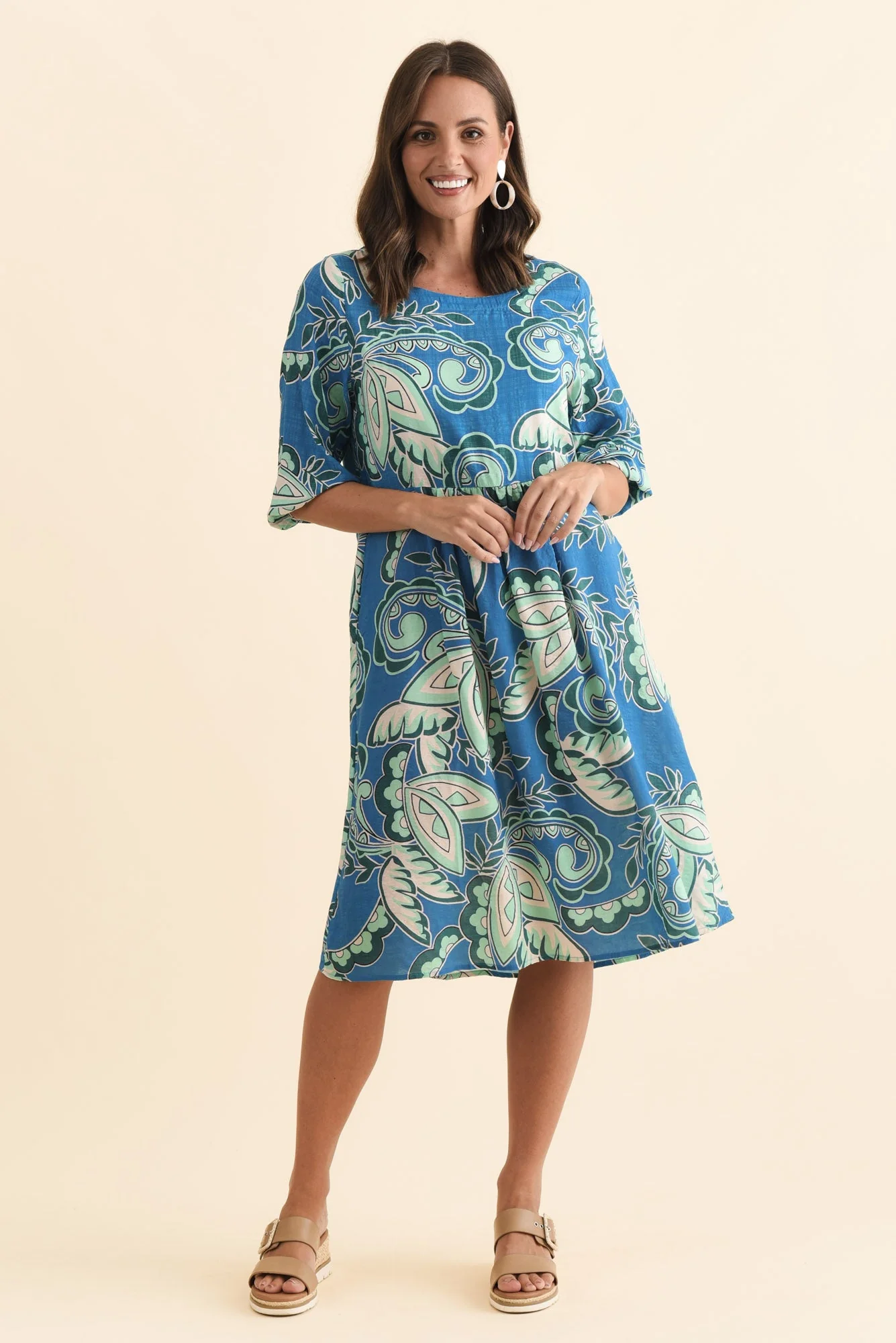 Nicolette Blue Paisley Cotton Blend Sleeved Dress - Image 6