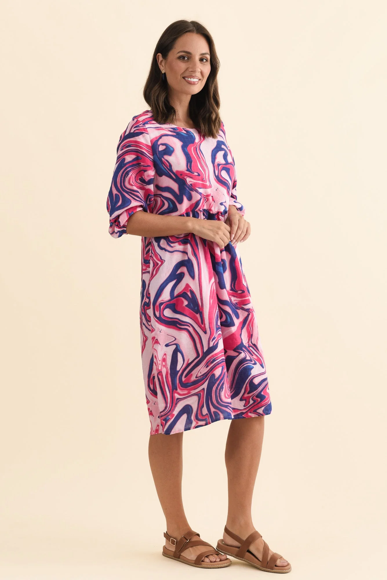 Nicolette Fuchsia Swirl Cotton Blend Sleeved Dress - Image 3