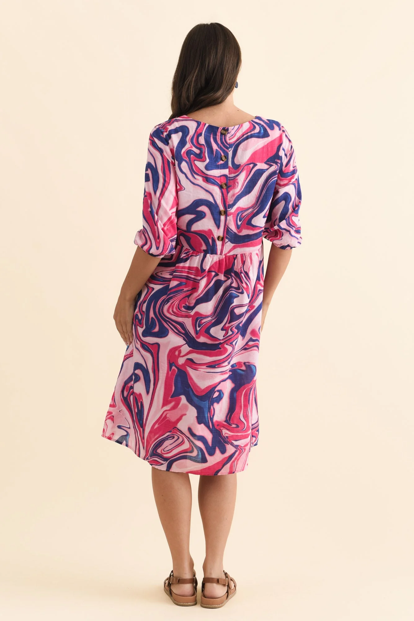 Nicolette Fuchsia Swirl Cotton Blend Sleeved Dress - Image 4