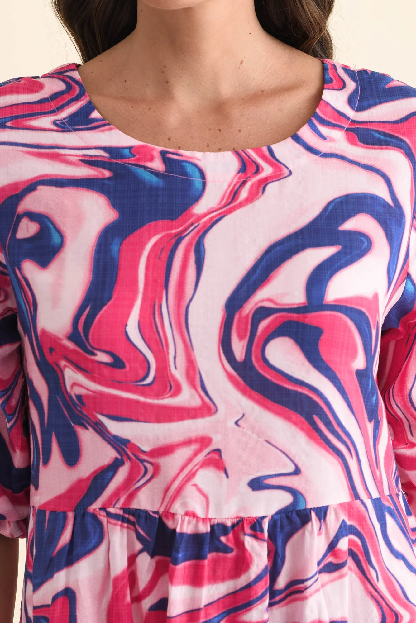 Nicolette Fuchsia Swirl Cotton Blend Sleeved Dress - Image 5