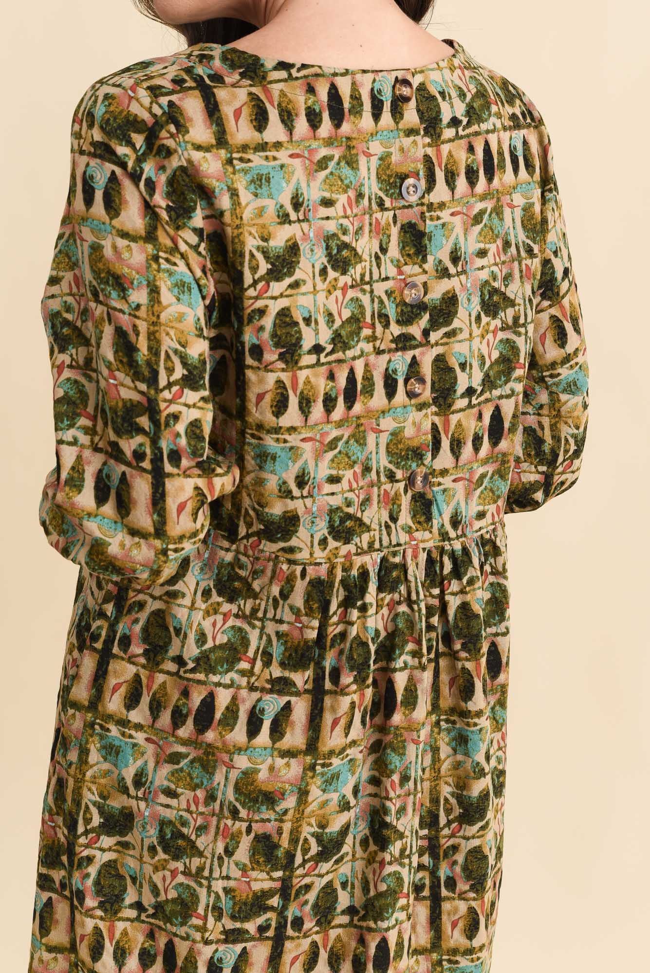 Nicolette Green Motif Cotton Blend Sleeved Dress - Image 5