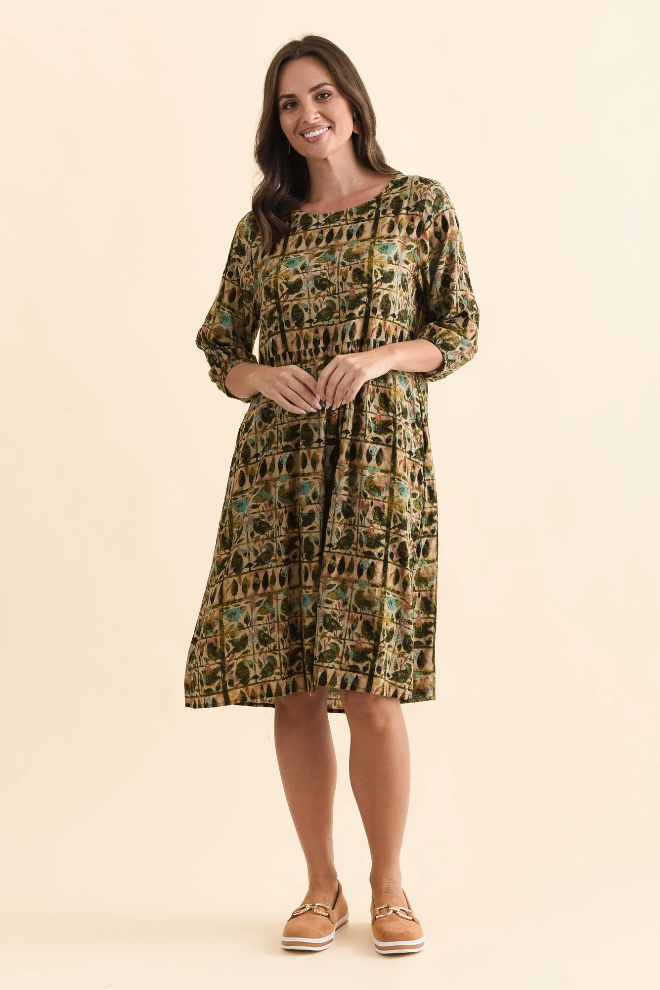 Nicolette Green Motif Cotton Blend Sleeved Dress - Image 6