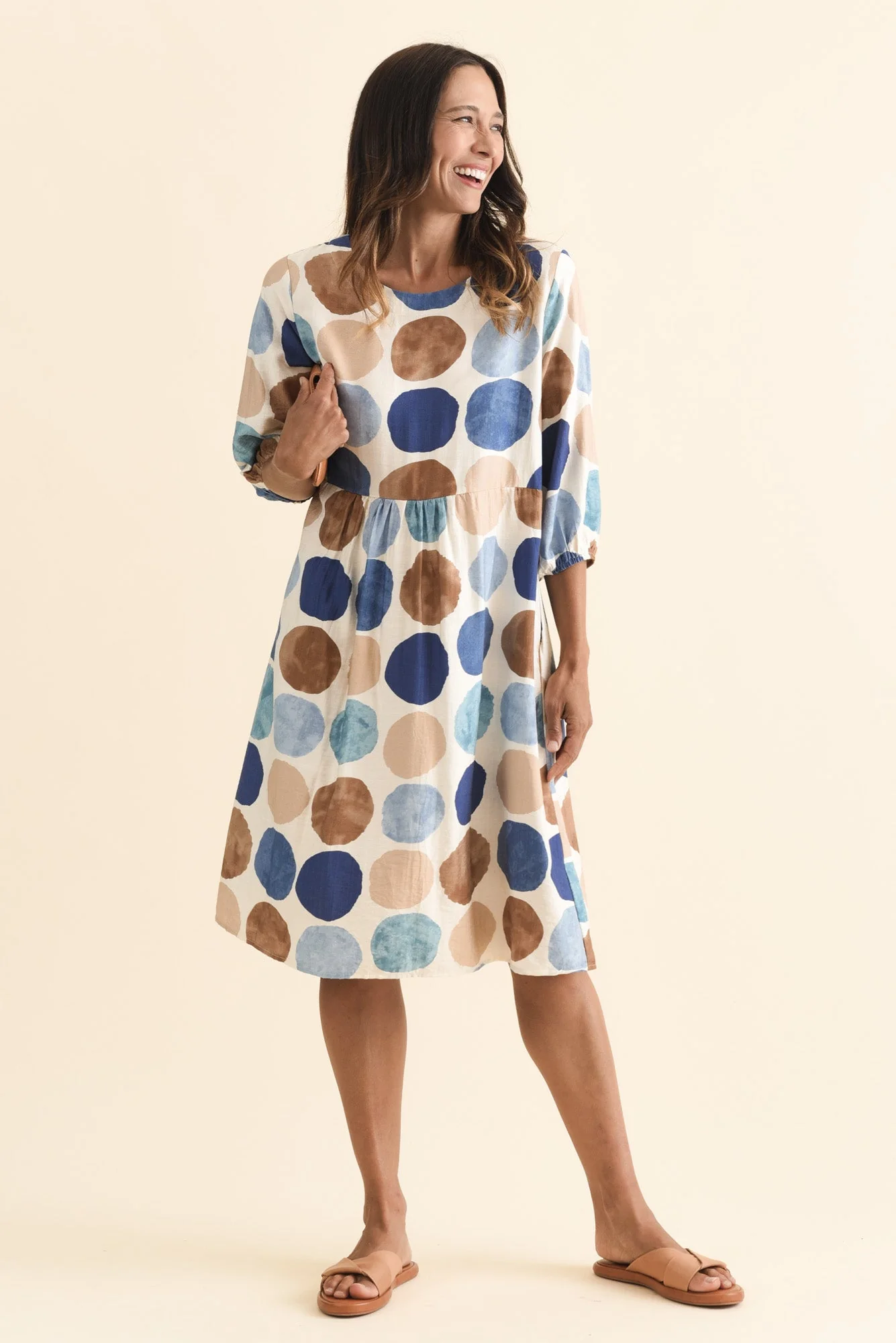 Nicolette Navy Spot Cotton Blend Sleeved Dress - Image 2