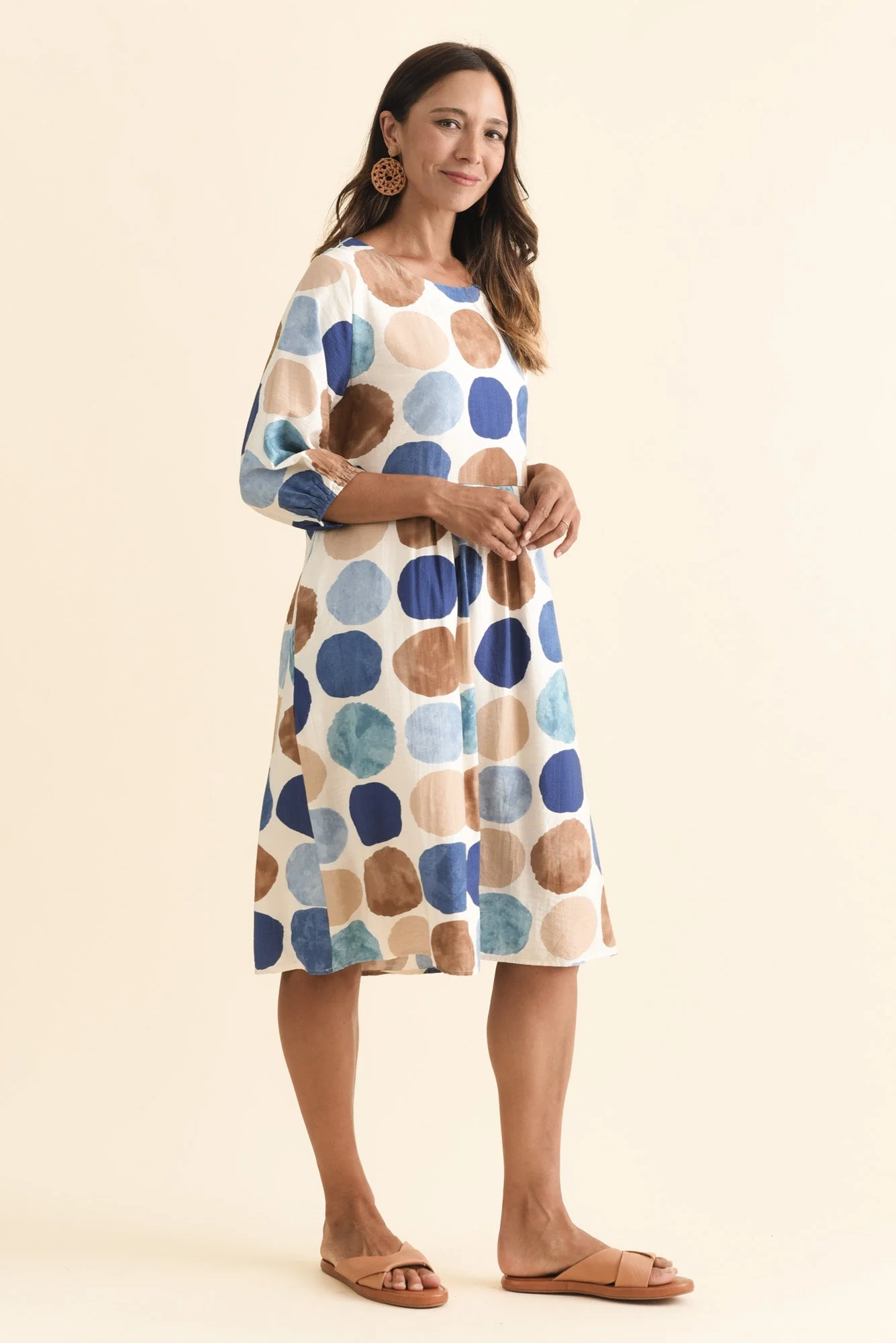 Nicolette Navy Spot Cotton Blend Sleeved Dress - Image 3