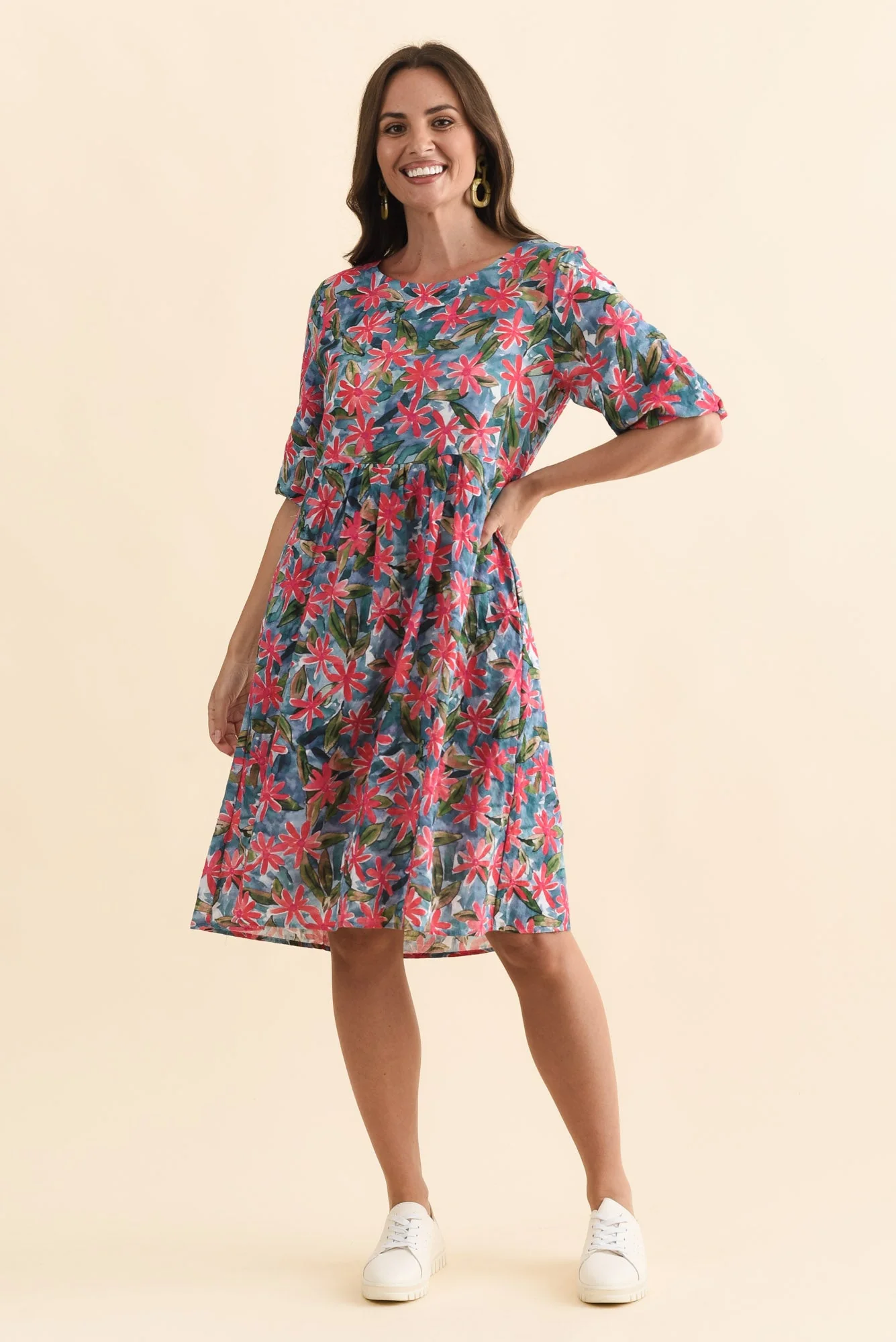 Nicolette Pink Flower Cotton Blend Sleeved Dress - Image 2