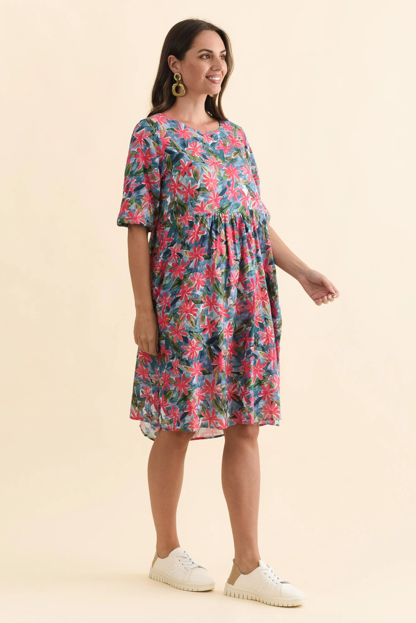 Nicolette Pink Flower Cotton Blend Sleeved Dress - Image 3