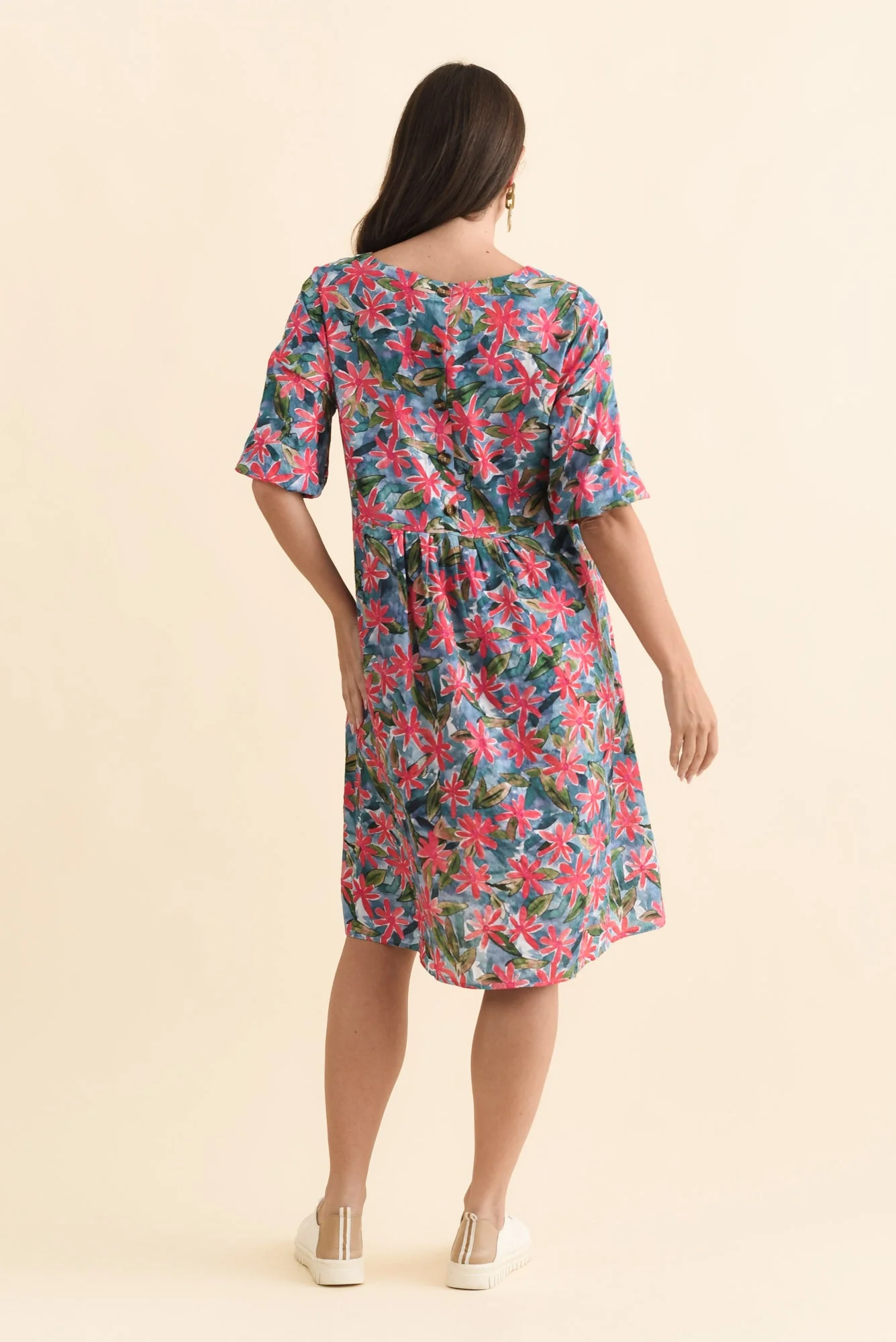 Nicolette Pink Flower Cotton Blend Sleeved Dress - Image 4