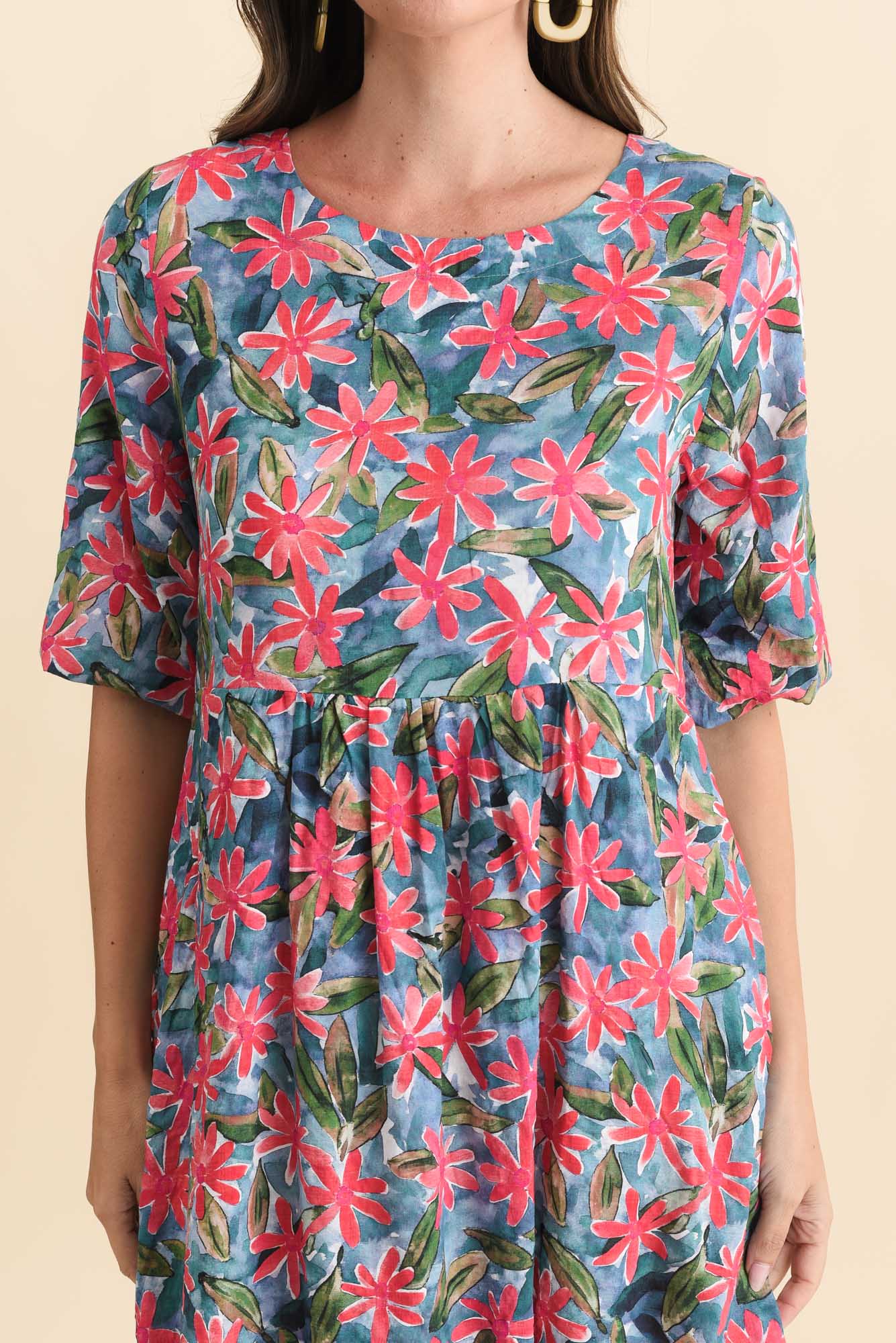Nicolette Pink Flower Cotton Blend Sleeved Dress - Image 5