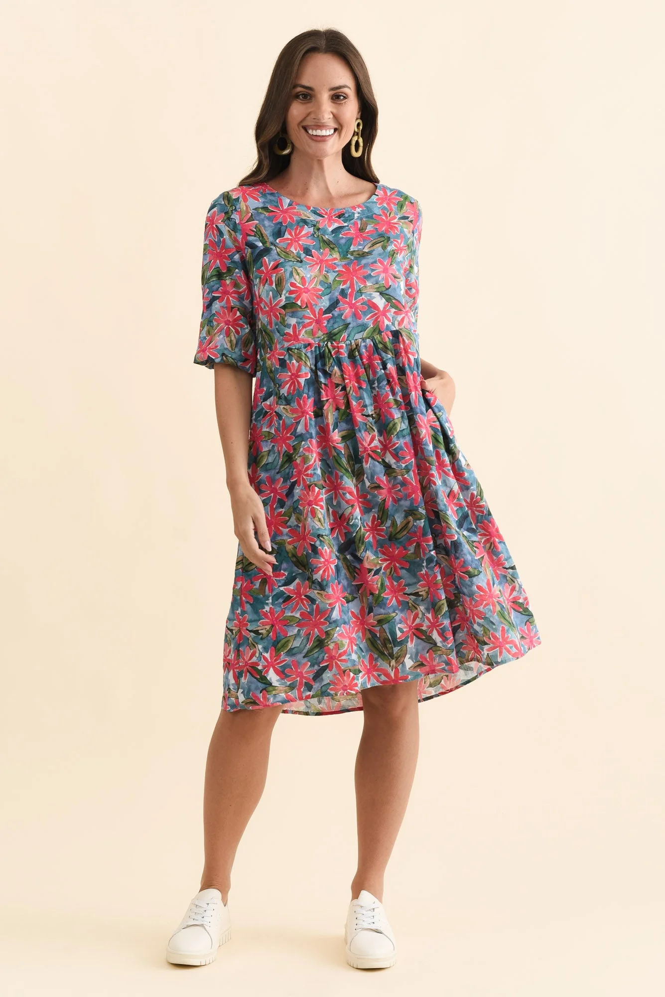 Nicolette Pink Flower Cotton Blend Sleeved Dress - Image 6