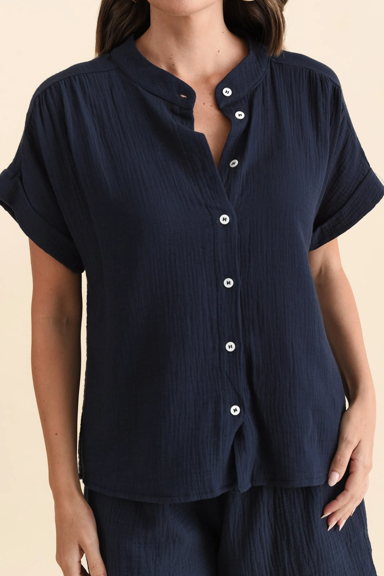 Nicoline Navy Cotton Button Top - Image 5