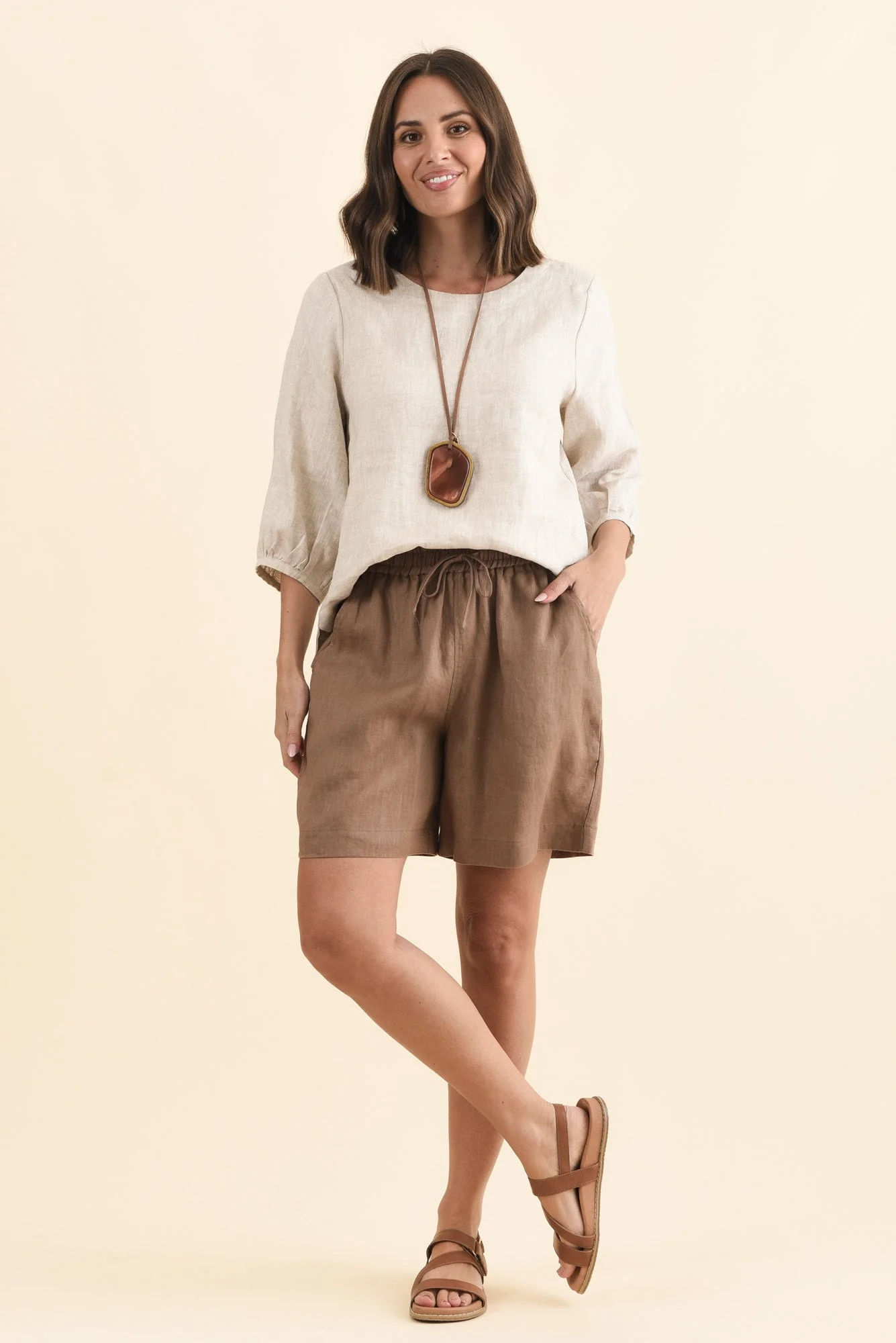 Nirah Mocha Linen Pocket Shorts - Image 2