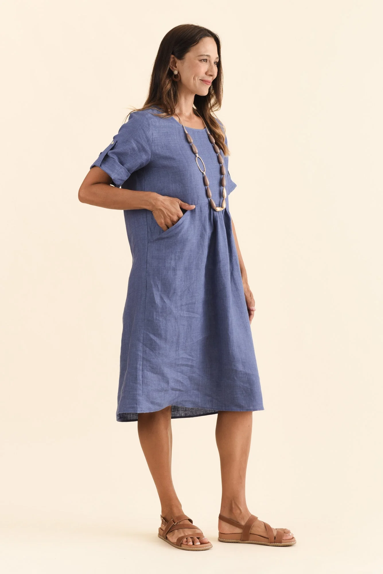 Nolita Dark Blue Linen Pocket Dress - Image 3