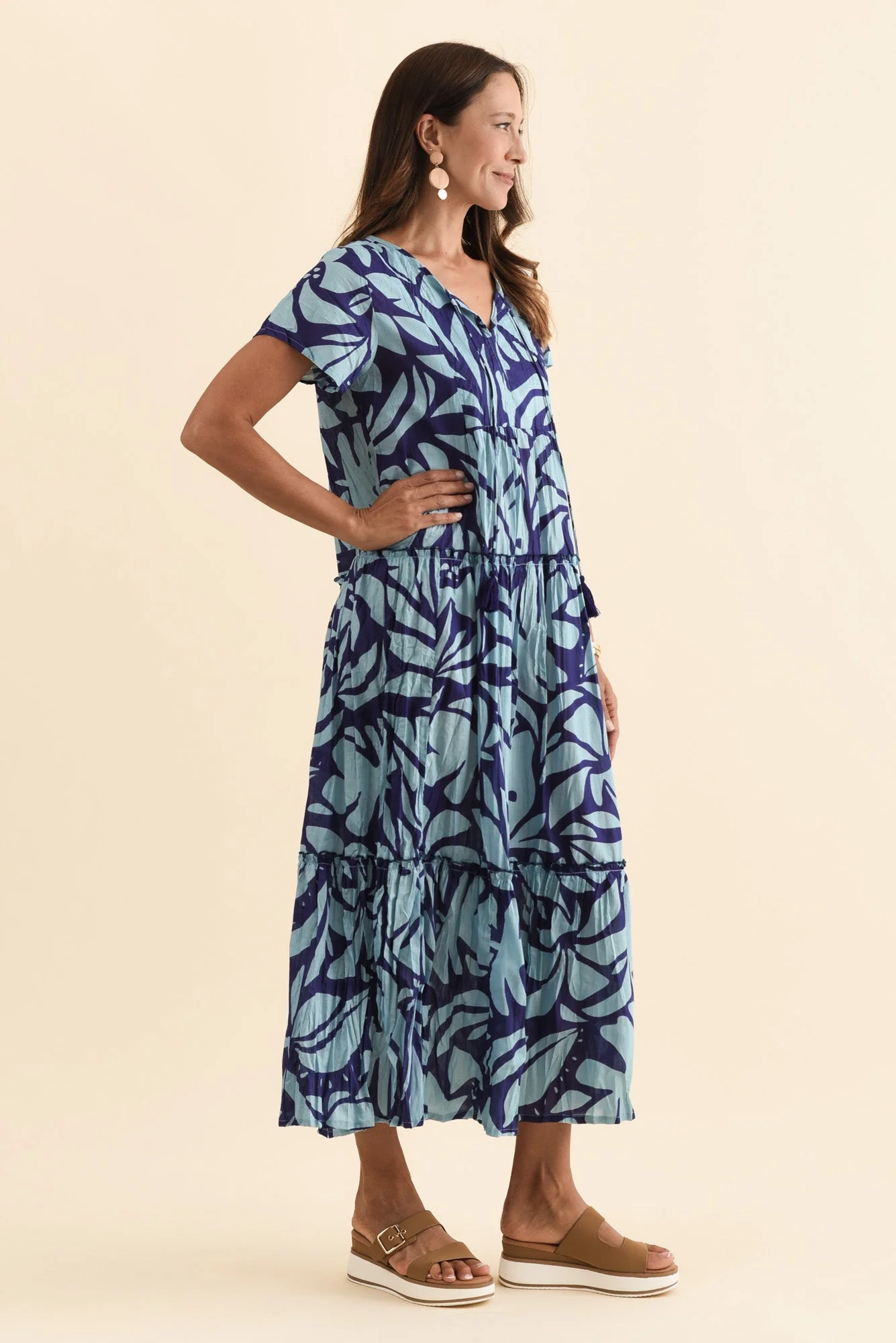 Nona Blue Botanical Crinkle Cotton Maxi Dress - Image 4