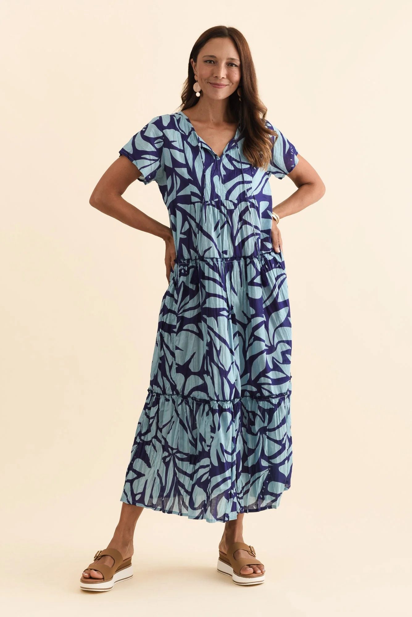 Nona Blue Botanical Crinkle Cotton Maxi Dress - Image 7