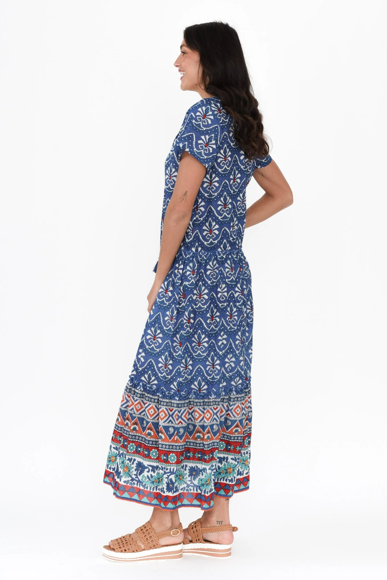 Nona Cobalt Mosaic Crinkle Cotton Maxi Dress - Image 3