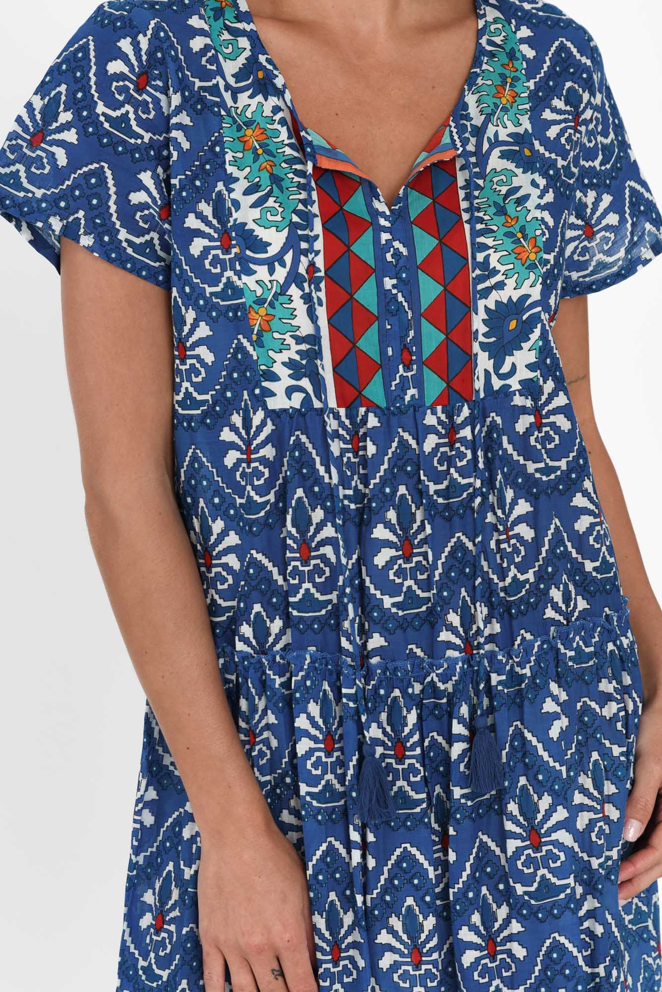 Nona Cobalt Mosaic Crinkle Cotton Maxi Dress - Image 5