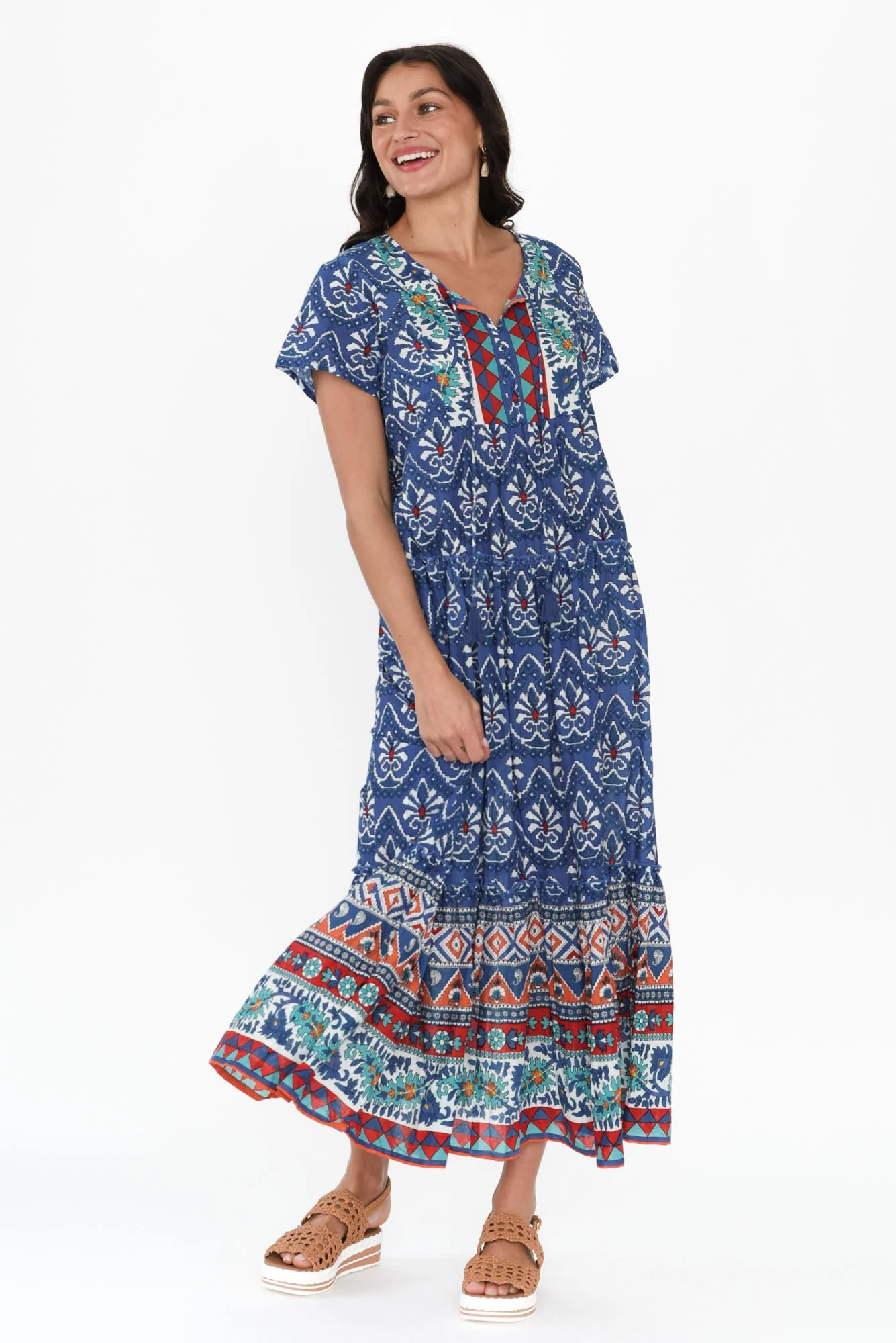 Nona Cobalt Mosaic Crinkle Cotton Maxi Dress - Image 6