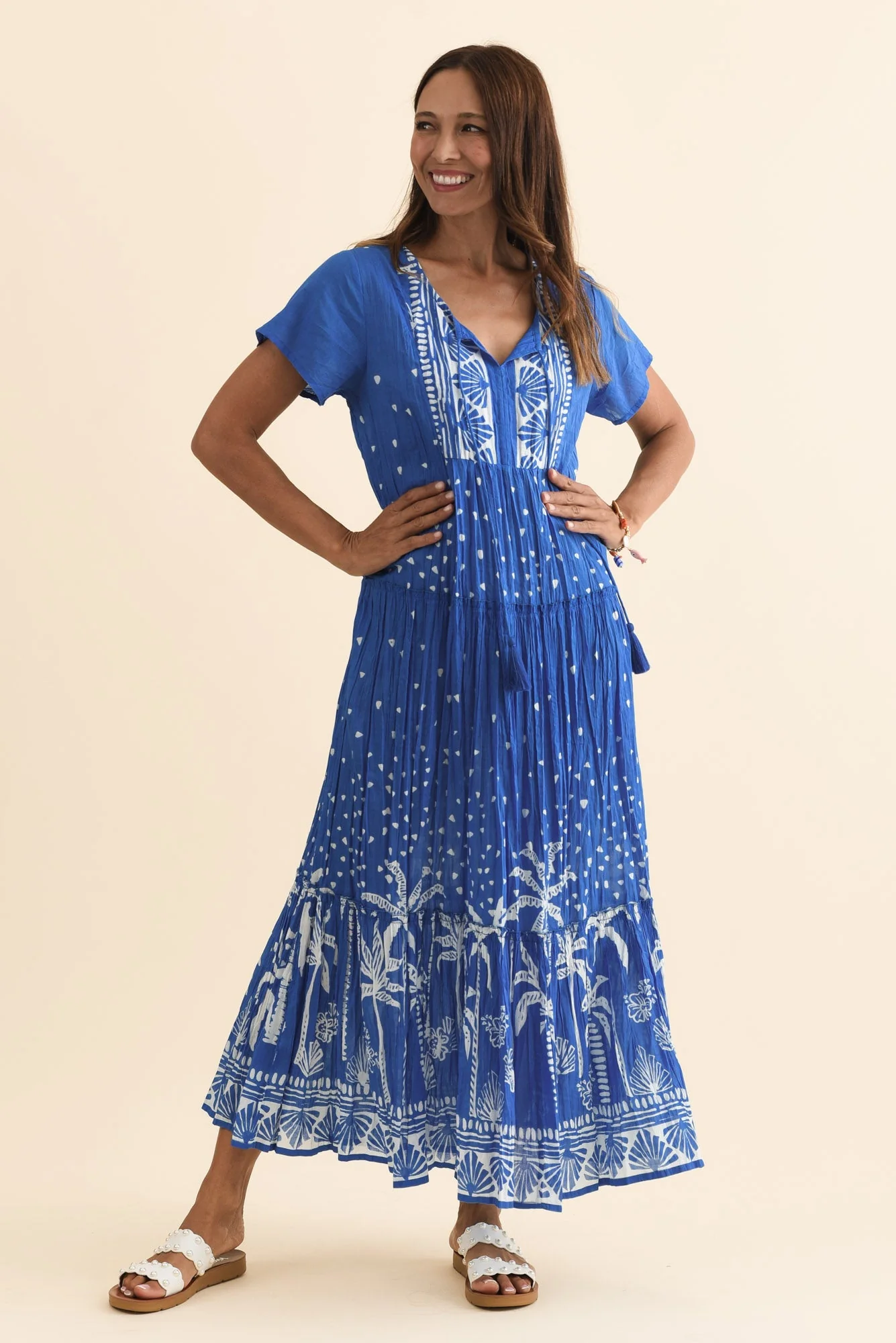 Nona Cobalt Palm Crinkle Cotton Maxi Dress - Image 2