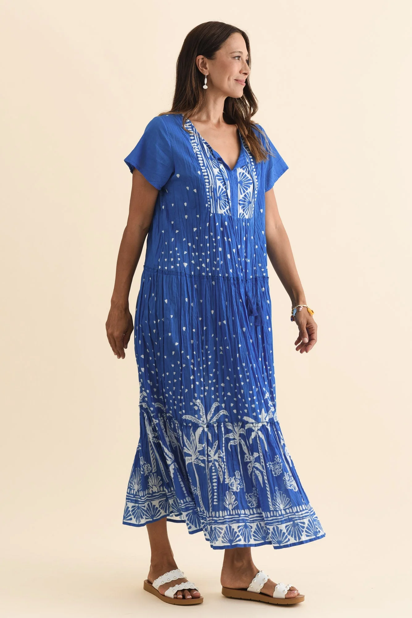 Nona Cobalt Palm Crinkle Cotton Maxi Dress - Image 3