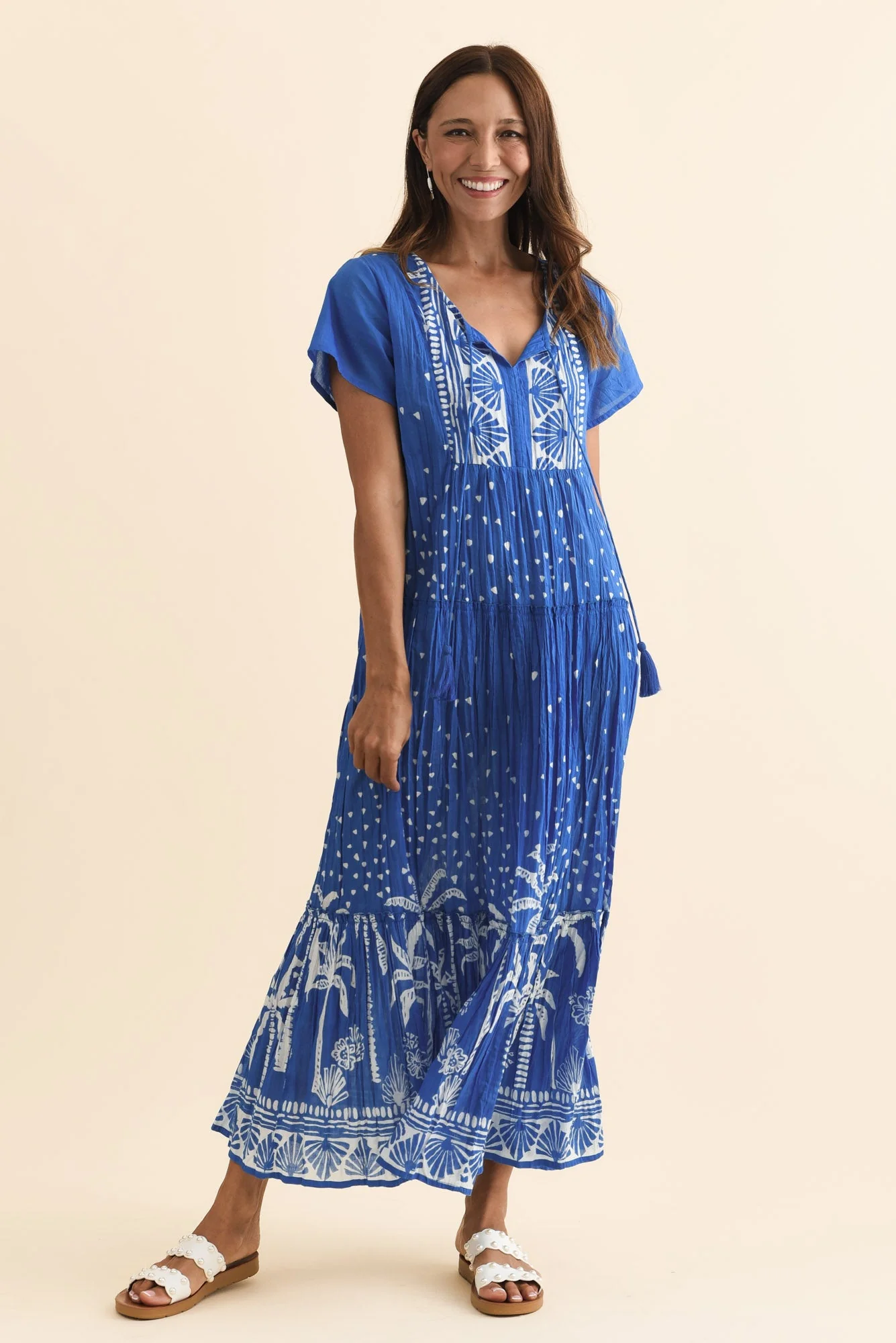 Nona Cobalt Palm Crinkle Cotton Maxi Dress - Image 6
