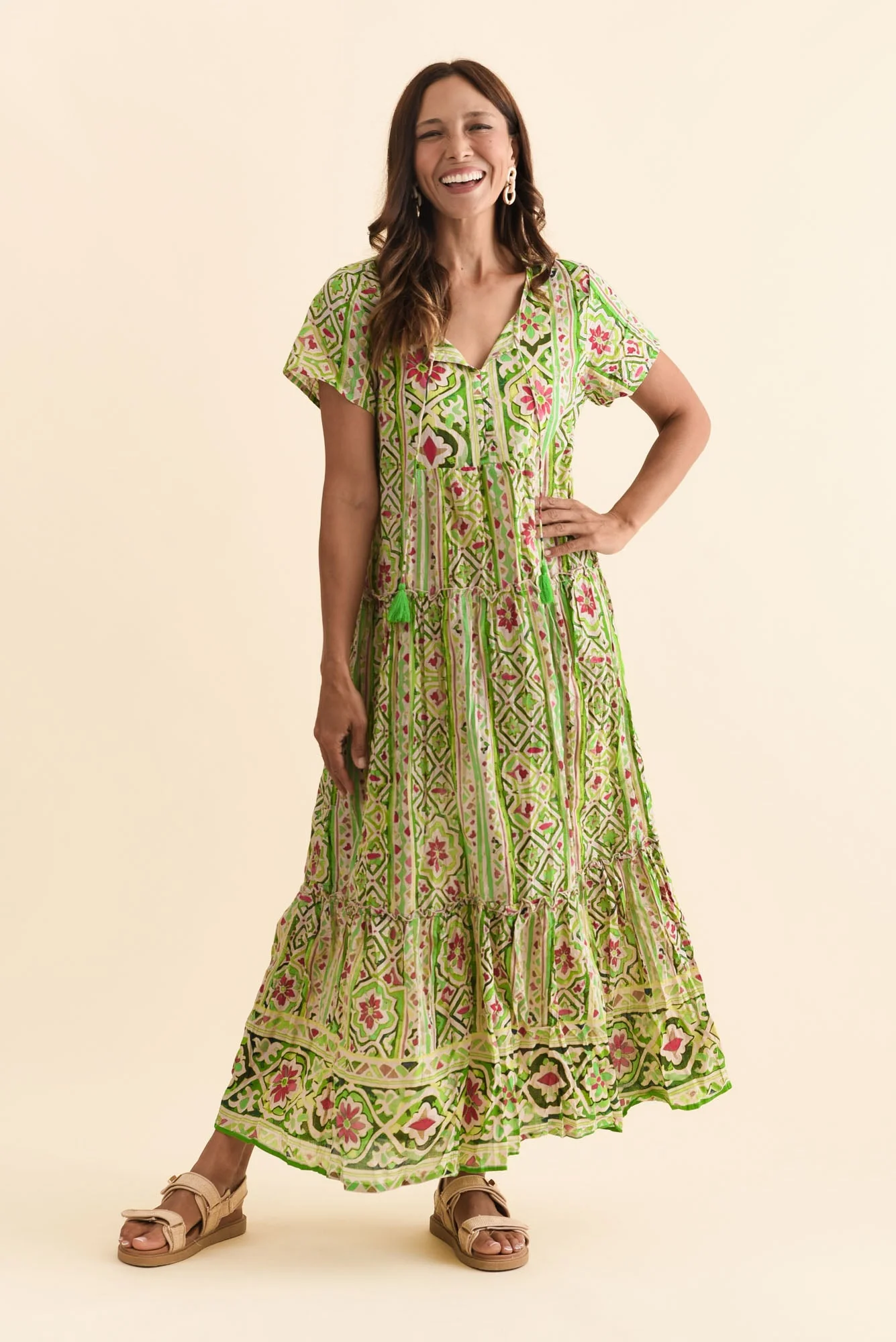 Nona Green Abstract Crinkle Cotton Maxi Dress - Image 6