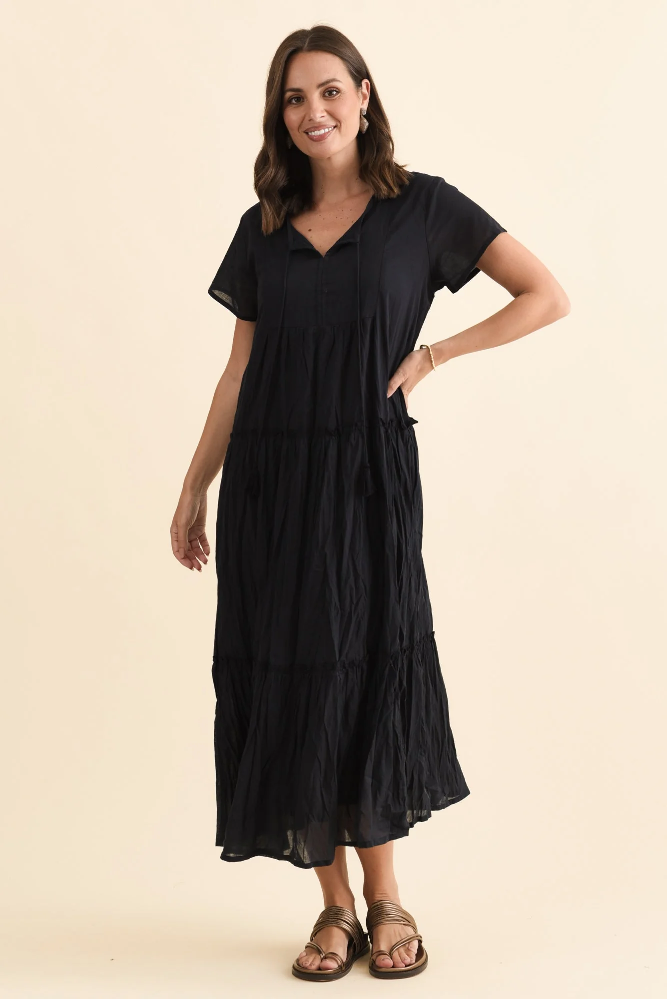 Nona Navy Crinkle Cotton Maxi Dress - Image 2