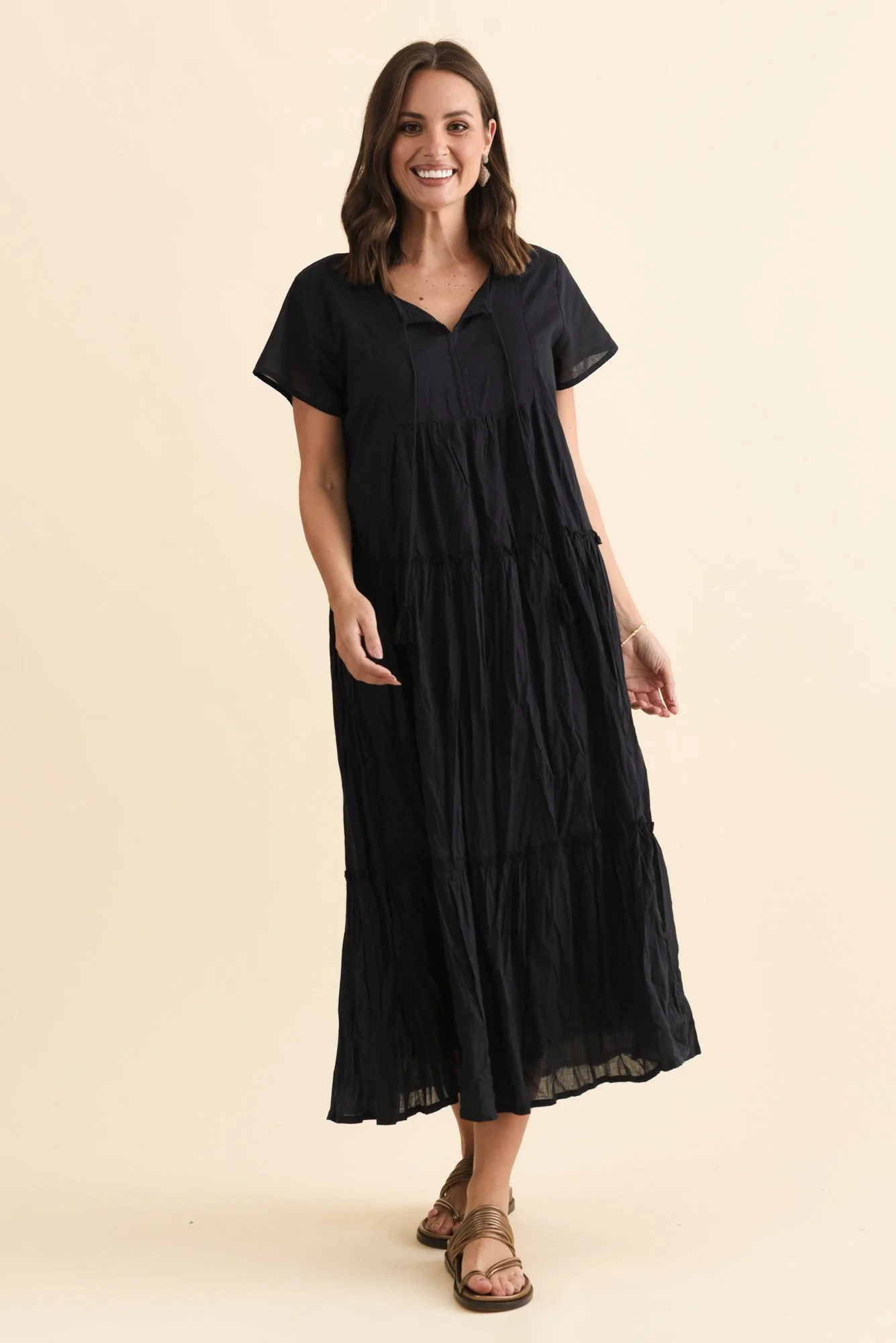 Nona Navy Crinkle Cotton Maxi Dress - Image 3