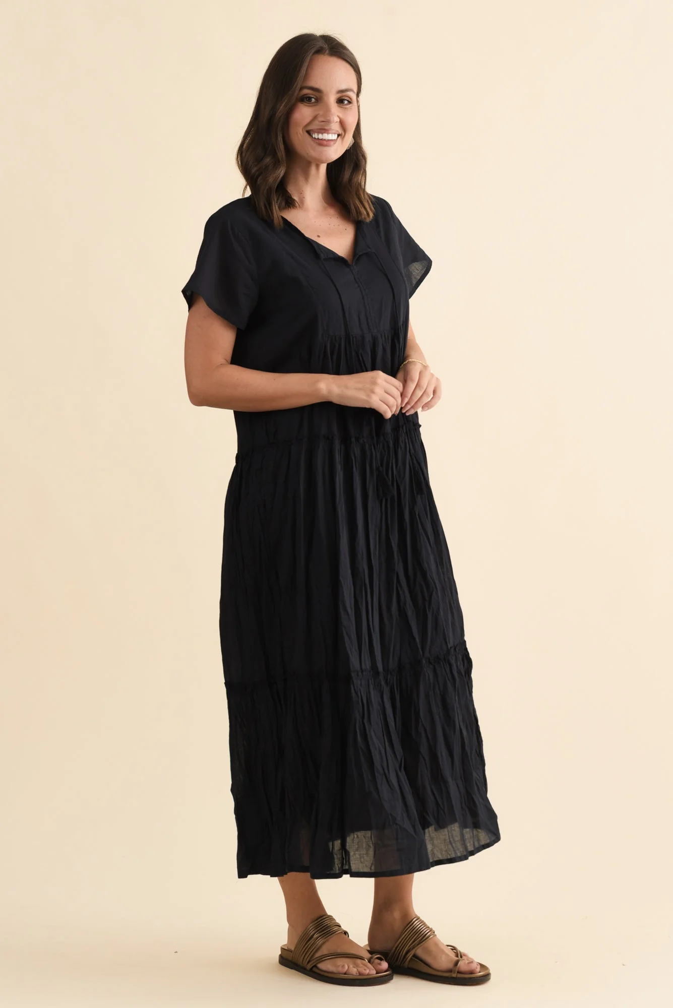 Nona Navy Crinkle Cotton Maxi Dress - Image 4
