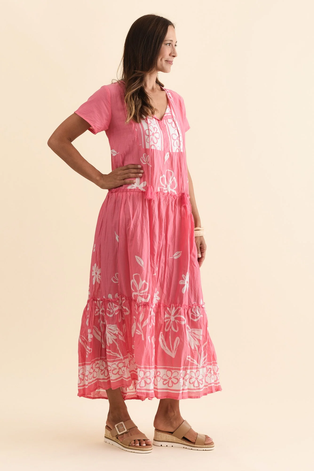 Nona Pink Flower Crinkle Cotton Maxi Dress - Image 3